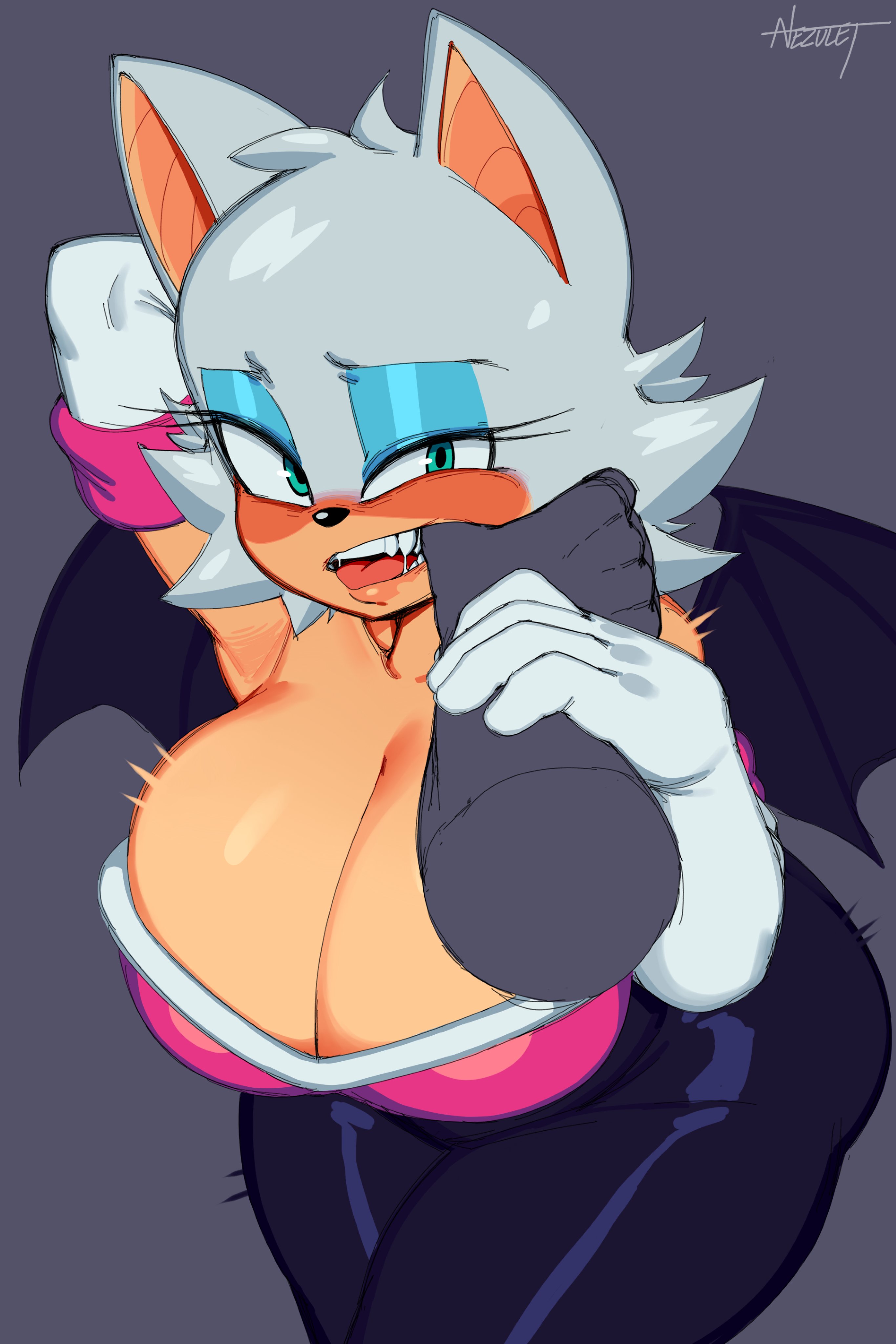 1girls, anthro, armwear, bat, bat ears, bat wings, big breasts, blue eyes, blush, breasts, chiropteran, chiropteran humanoid, cleavage, disembodied hand, eyeshadow, fangs, female, finger in mouth, furry, grey background, half-closed eyes, huge breasts, large breasts, nezulet, open mouth, rouge the bat, sega, sharp teeth, shiny clothes, silver hair, solo, solo female, sonic (series), sonic the hedgehog (series), thick thighs, tongue, voluptuous, wings