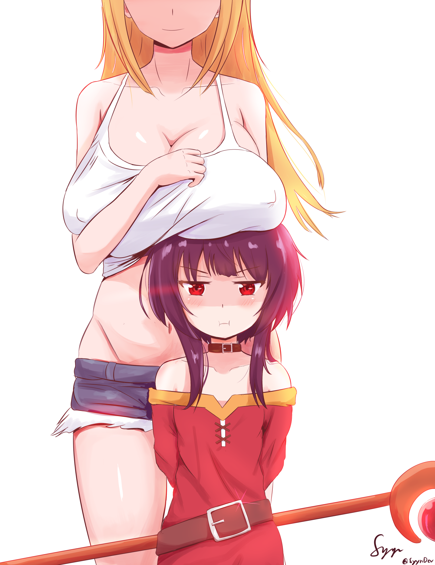 blonde hair, breast envy, breasts, breasts on head, brown hair, darkness (konosuba), female, height difference, huge breasts, kono subarashii sekai ni shukufuku wo!, megumin, nipple bulge, pout, red eyes, slq, tank top