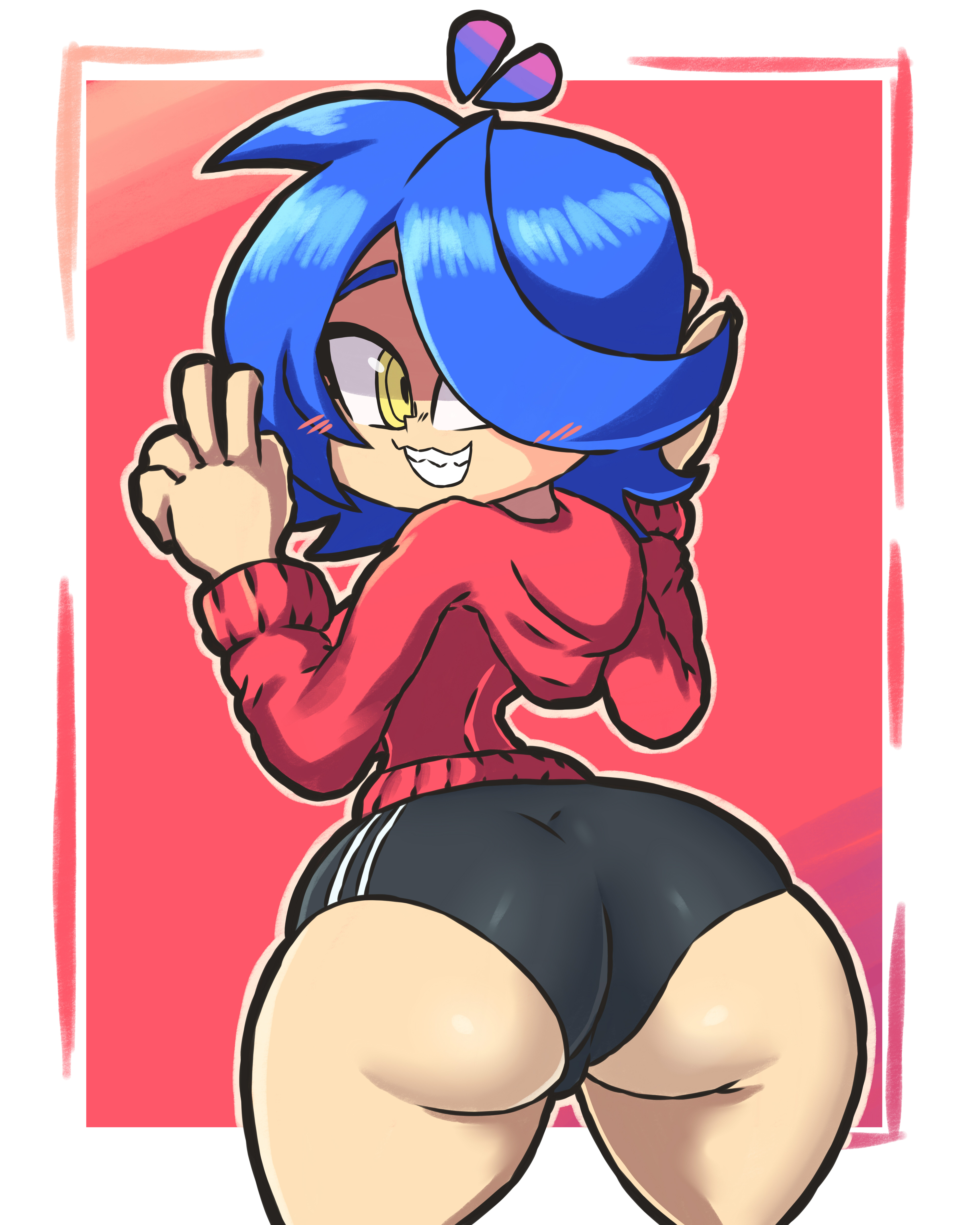 1girls, ass, big ass, blue hair, blush, booty shorts, bottomwear, breasts, clothed, female, female only, hoodie, huge ass, large ass, looking at viewer, looking back, lotikmac, peace sign, red hoodie, shorts, skarp world, skarpne (skarp world), smile, solo, solo female, teeth, thick ass, thick thighs, thighs, topwear, yellow eyes