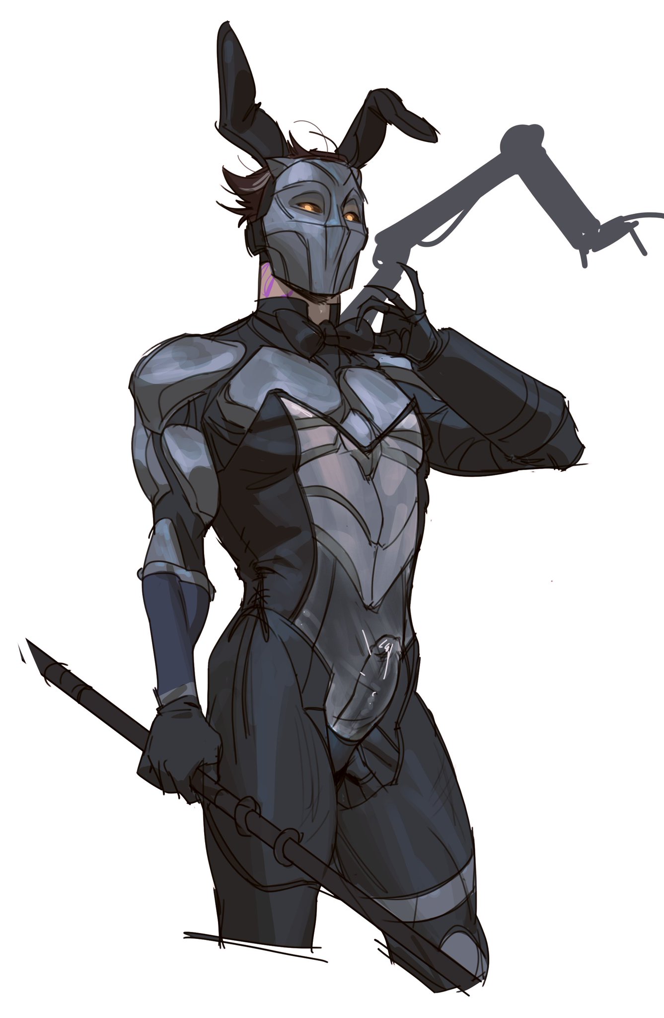 1boy, arcane, arcane viktor, bowtie, bunny ears, bunnysuit, clawed fingers, cyborg, erection, erection under clothes, fully clothed, league of legends, male, male only, mask, masked male, no sex, penis, penis outline, solo, solo male, tagme, treslech3s, viktor (league of legends), yellow eyes