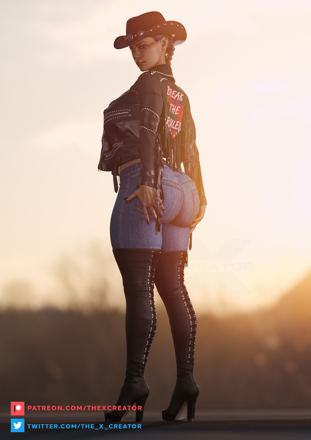 1girls, 3d, apex legends, artist name, ass, big ass, big breasts, braided hair, breasts, cowboy hat, dark skin, dark-skinned female, facing viewer, fat ass, female, female only, grabbing own ass, high heels, jeans, large ass, latina, loba (apex legends), looking at viewer, outdoors, patreon username, respawn entertainment, solo, solo female, the x creator, thick thighs, thighhigh boots, tight pants, twitter username, wide hips