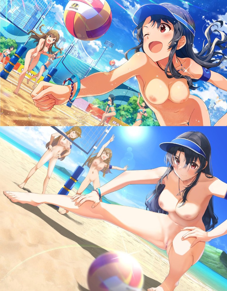 2girls 3girls ball beach beach_volleyball breasts collage completely_nude happy idolmaster idolmaster_cinderella_girls idolmaster_million_live! jumping kousaka_umi multiple_girls nipples nude nude_filter ocean pussy sand sky smile spread_legs takayama_sayoko third-party_edit tokoro_megumi uncensored visor_cap volleyball volleyball_net