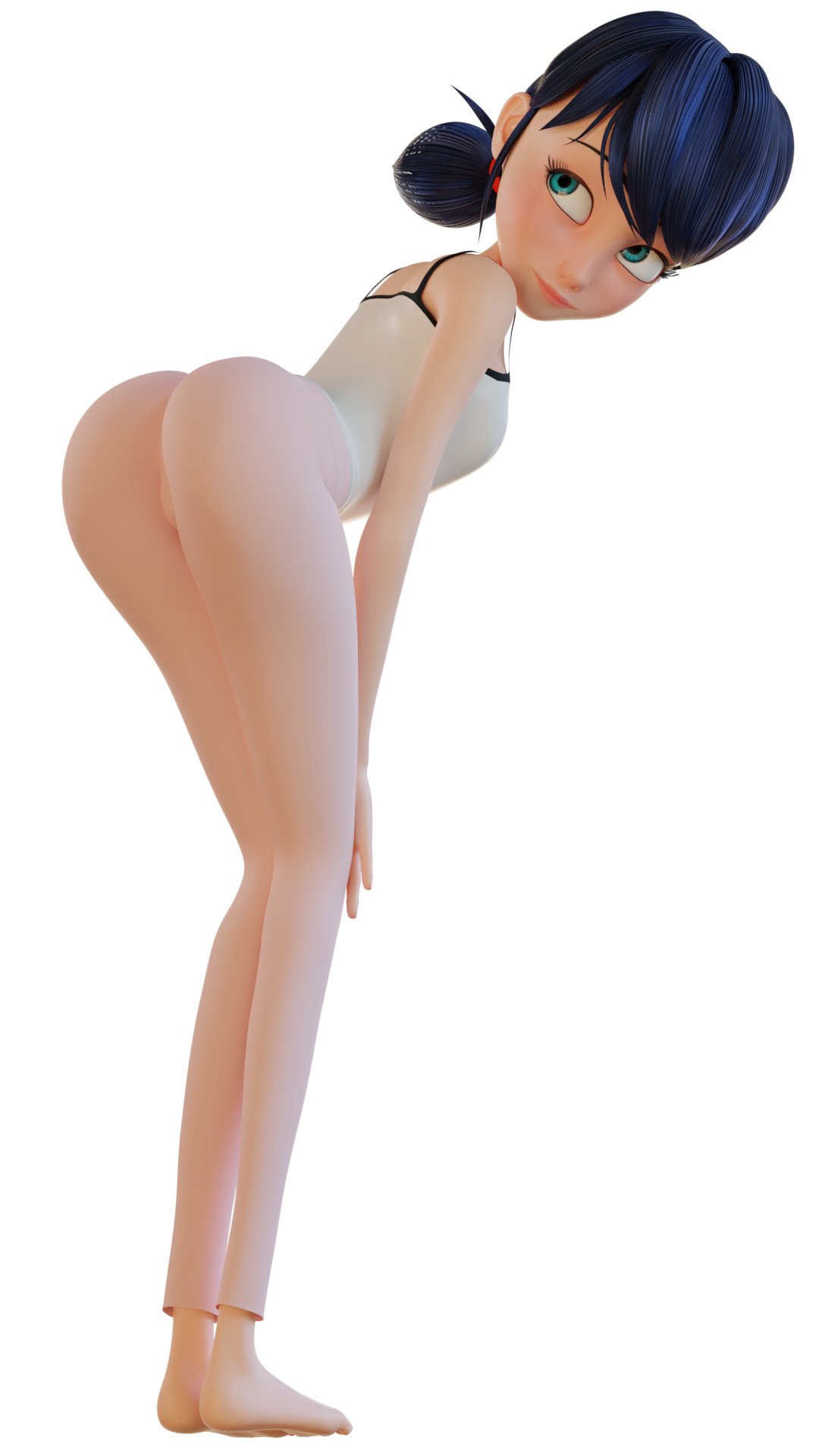 1girls, ass, black hair, blue eyes, breasts, clothed, clothing, cute, dressed, dynamitecrocodile, female, light skin, light-skinned female, looking back, marinette cheng, marinette dupain-cheng, miraculous ladybug, pigtails, small breasts, solo female, superhero, wholesome