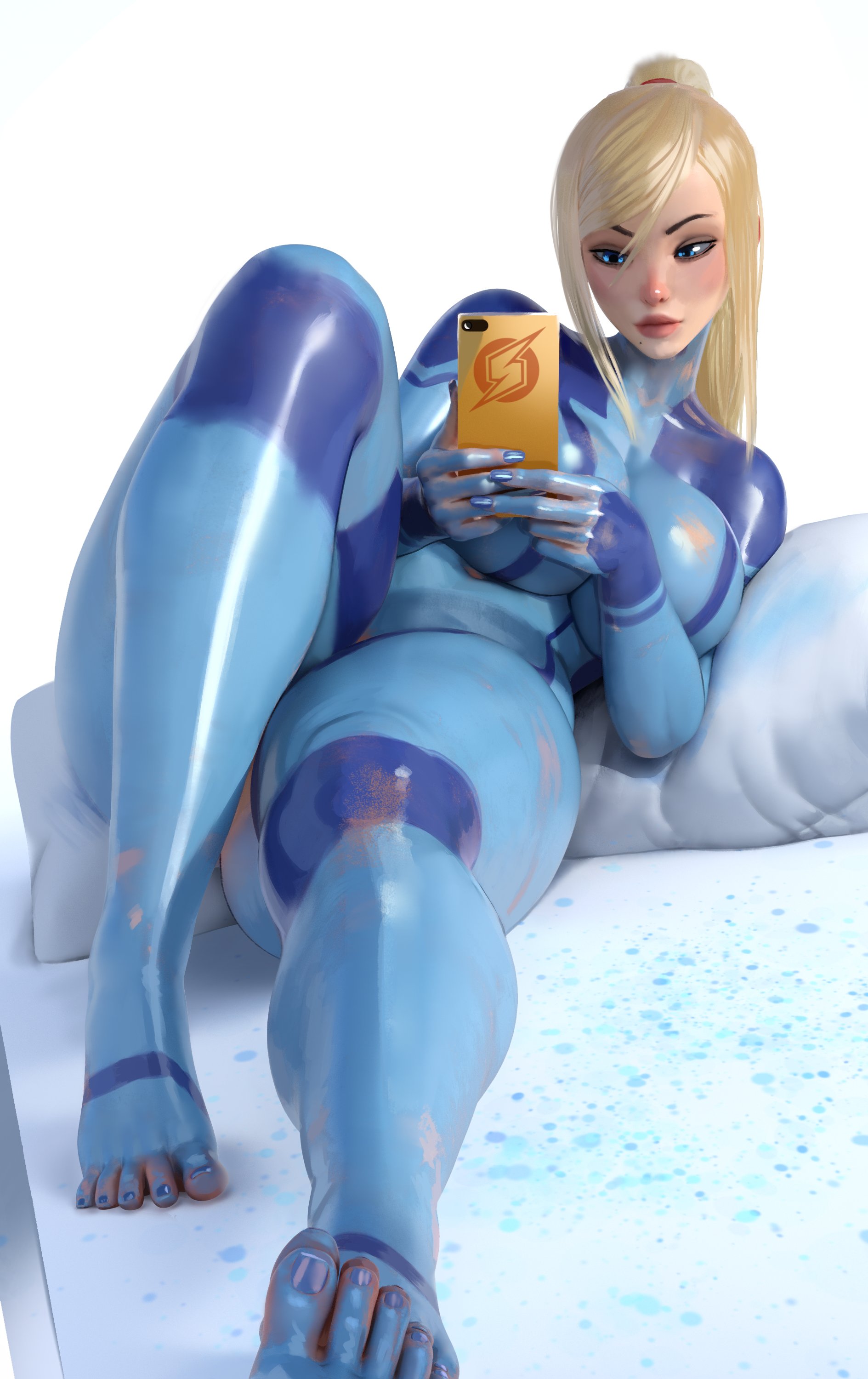 1girls, 2022, barefoot, big breasts, bimbo, blonde hair, blue eyes, bodypaint, breasts, feet, female, female only, holding object, human, large breasts, latex, laying down, laying on bed, light skin, light-skinned female, metroid, nintendo, nude, painted clothes, phone, ponytail, popogori, samus aran, selfie, solo, solo female, thick thighs, voluptuous