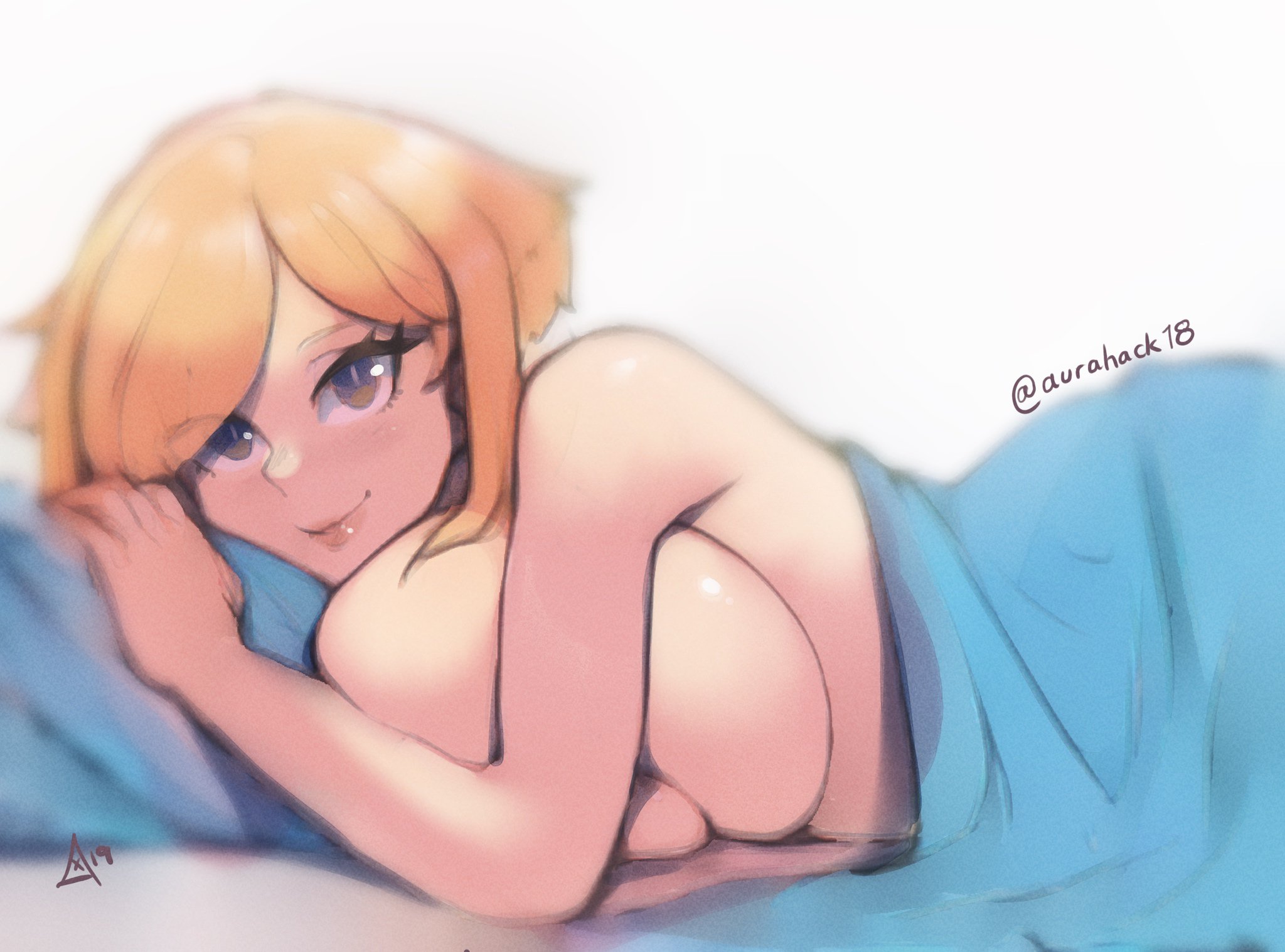 aleixa (aurahack), artist signature, aurahack, bed sheets, big breasts, blue blanket, blur, breasts, brown eyes, female, female only, looking at viewer, looking back, lying, lying down, lying on back, lying on bed, orange hair, original, pale skin, short hair, simple background, solo, white background