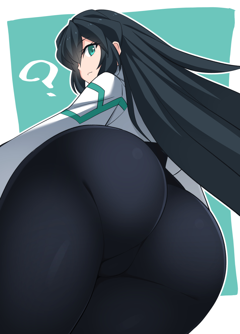 ? aqua_eyes ass bangs black_hair close-up expressionless eyebrows_visible_through_hair female from_below gabayo gundam gundam_build_divers gundam_build_divers_re:rise long_hair looking_at_viewer looking_back looking_down may_(gundam_build_divers_re:rise) shrug_(clothing) skin_tight solo thighs very_long_hair