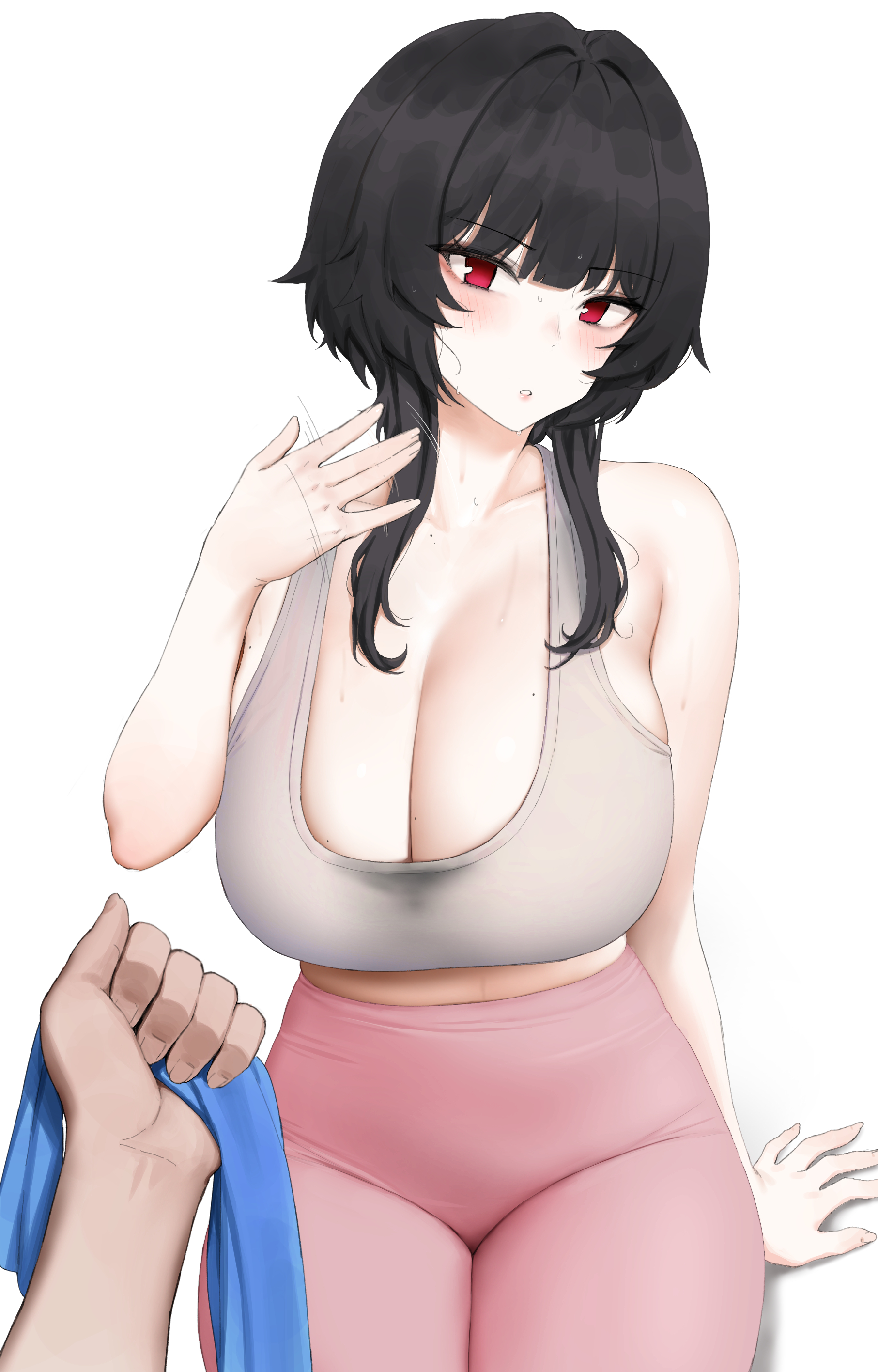 1boy, 1girls, bangs, bare arms, bare shoulders, big breasts, black hair, blunt bangs, blush, breasts, cleavage, fanning self, female, female focus, head tilt, heat, highres, holding towel, huge breasts, large breasts, male, mochirong, mole on breast, motion lines, original, pink pants, pov, red eyes, sidelocks, simple background, sitting, solo focus, sports bra, sweat, sweat stain, towel, wet, wet clothes, white background, yoga pants