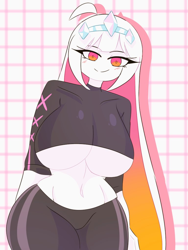 1girls, alternate costume, ass, big ass, big breasts, black clothing, blush, blush lines, blushing, blushing at viewer, blushing female, breasts, clothed, clothing, female, female focus, female only, fnf, fnf entity, fnf mod, fnf mods, friday night funkin, friday night funkin mod, friday night funkin: entity, fully clothed, fully clothed female, funkin aside (fnf mod), gradient hair, inner hair, long hair, looking at viewer, midriff, newgrounds, nikusa (sugarratio), orangechan01, pink inner hair, smile, solo, solo female, solo focus, thick thighs, thighs, thin waist, three-tone hair, underboob, white body, white hair, white skin, white-haired female, white-skinned female, wide hips, yellow inner hair
