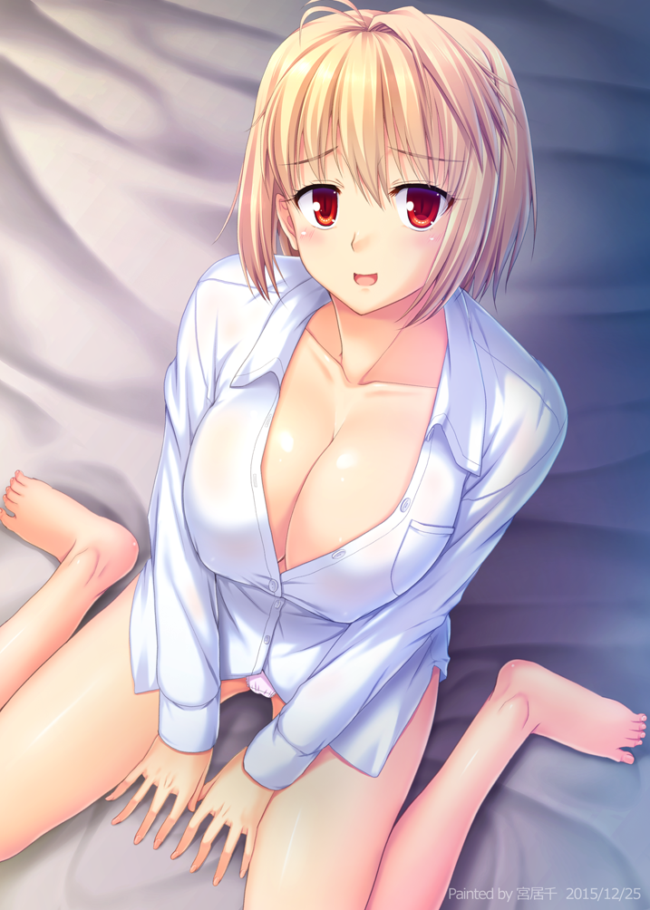 00s 1girls arcueid_brunestud barefoot bed big_breasts blonde_hair blouse blush cleavage female female_only high-angle_view kneeling long_sleeves looking_at_viewer looking_up miyai_sen nipple_bulge no_bra on_bed open_mouth panties red_eyes seductive sheets shirt short_hair sitting slit_pupils smile solo tsukihime type-moon vampire wariza white_shirt