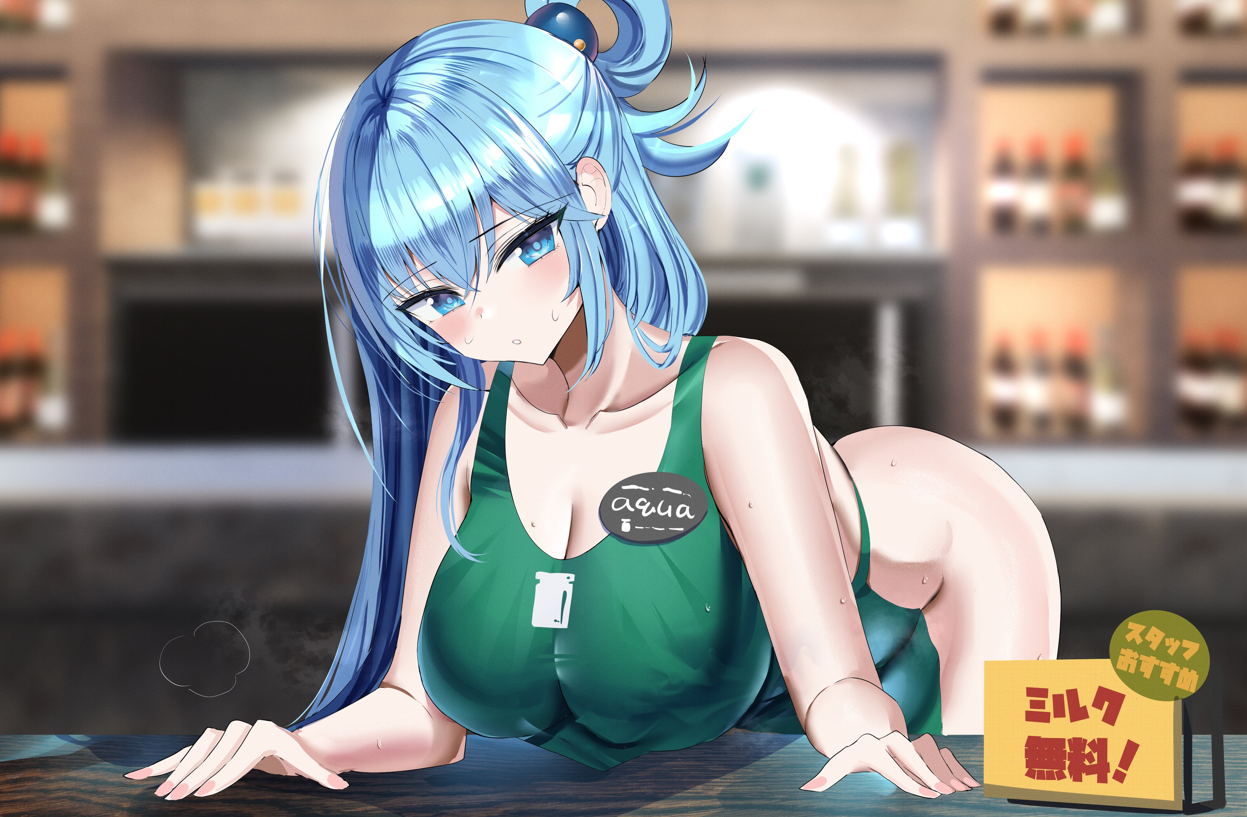 1girls, absurd res, adamant369, apron, aqua (konosuba), ass, blue eyes, blue hair, breasts, cleavage, female, female only, hanasaka houcha, hi res, kono subarashii sekai ni shukufuku wo!, large breasts, leaning forward, looking at viewer, naked apron, solo, thick thighs, thighs, wide hips