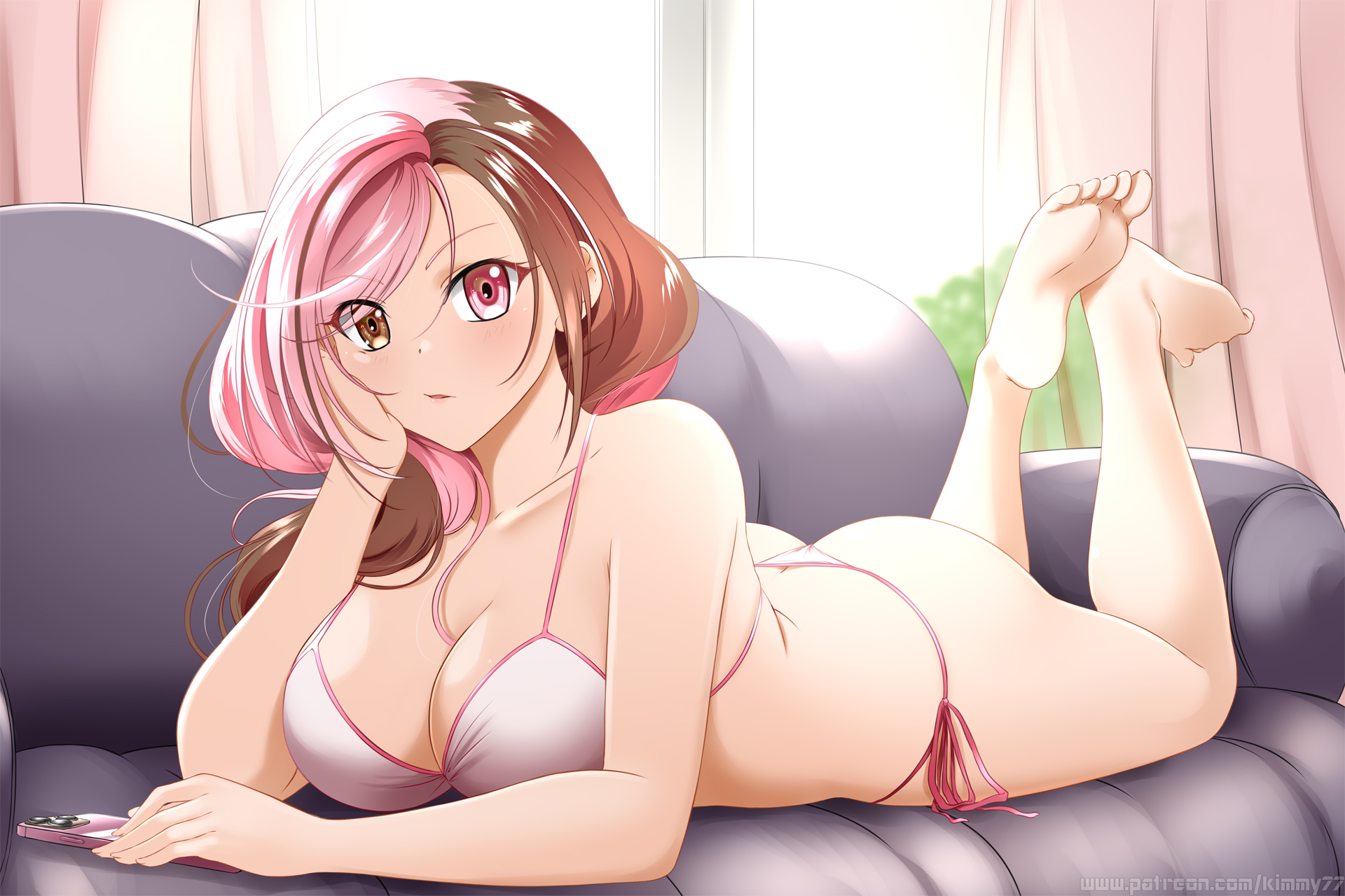 ass, big ass, big breasts, bikini, breasts, colored hair, couch, female, heterochromia, kimmy77, laying on stomach, looking at viewer, neo (rwby), rwby, string bikini, thick thighs