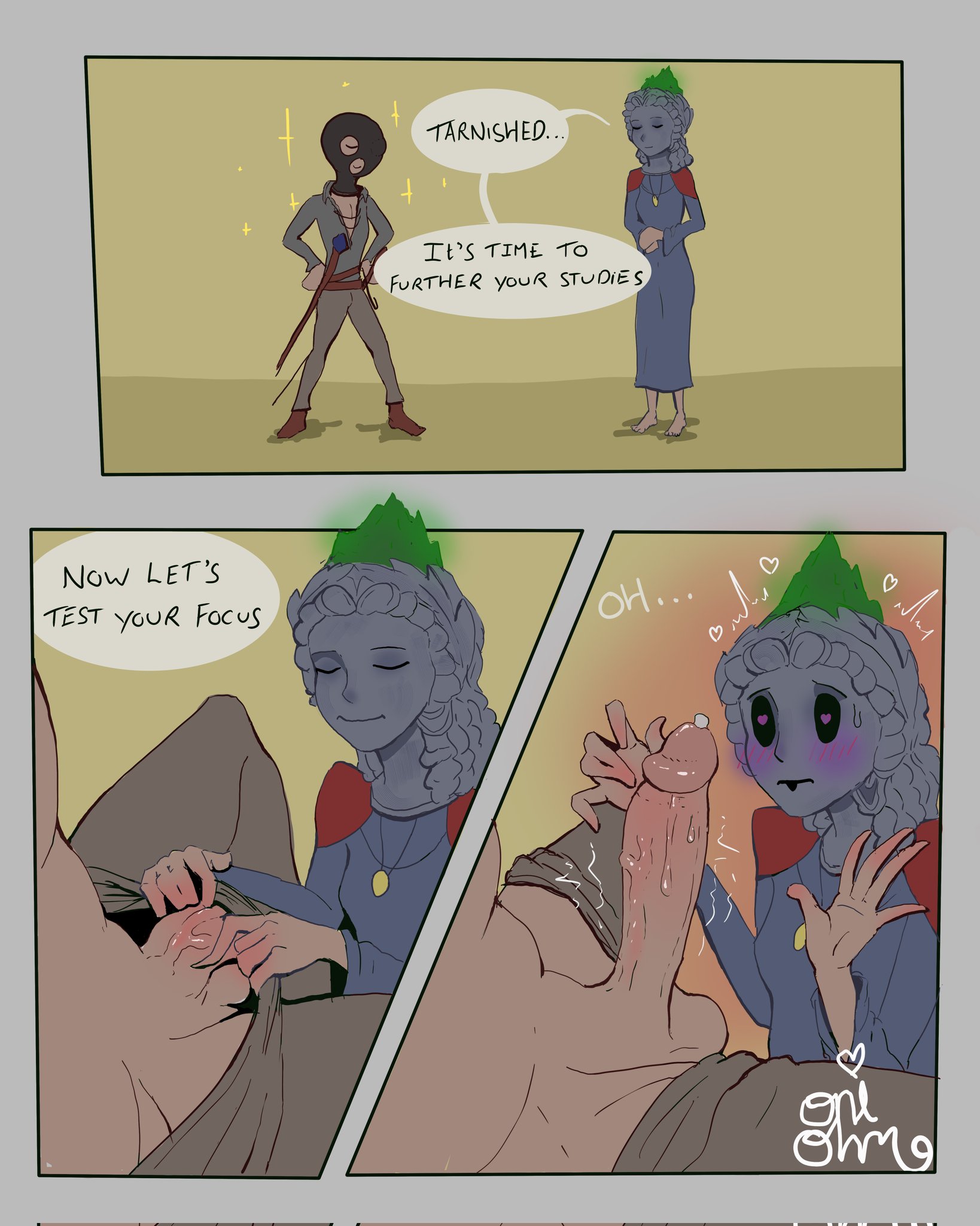 1boy, 1girls, 2022, big penis, blush, blushing, elden ring, english text, female, fromsoftware, funny, heart eyes, male, male/female, mask, masked, oniohm, penis, precum, prisoner (elden ring), sorceress sellen, tarnished, teacher, teacher and student, text, text bubble, veins, veiny, veiny penis