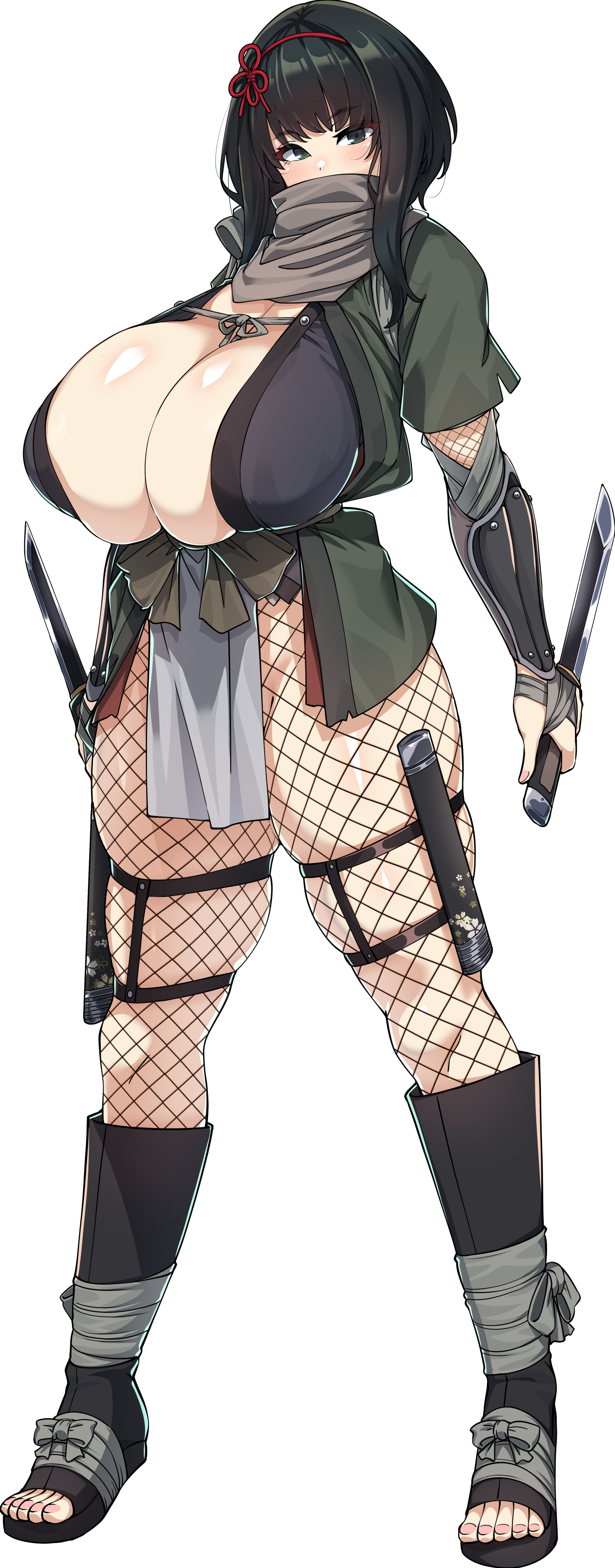 armor, big breasts, black eyes, black hair, blush, boots, breasts, cleavage, covered nipples, female, female only, fishnet, fishnet legwear, fishnets, full body, hairband, haori, huge breasts, japanese clothes, knife, kunoichi, looking at viewer, massive breasts, mesh shirt, ninja, ninja (konoshige), original, overflowing breasts, pelvic curtain, ryuun (stiil), scarf, short hair, short hair with long locks, solo, standing, thick thighs, thigh strap, toeless legwear, weapon, wide hips