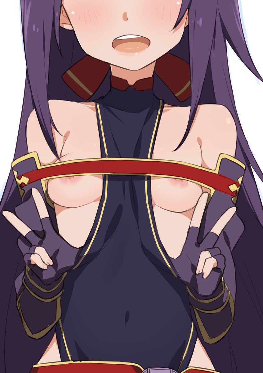 1girls areolae bare_shoulders between_breasts blush breasts breasts_out close-up female female_only fingerless_gloves gloves hair_ribbon konno_yuuki long_hair morisobo nipples open_mouth pulling_clothing purple_hair small_breasts solo standing sword_art_online sword_art_online:_mother's_rosario upper_body white_background