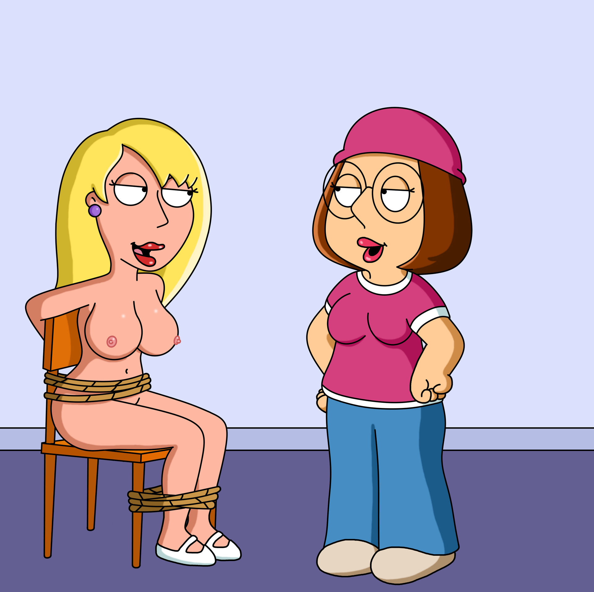 bondage, breasts, connie d'amico, creek 12, family guy, female, femdom, implied yuri, looking at another, meg griffin, nipples, nude, nude female, seductive smile, yuri