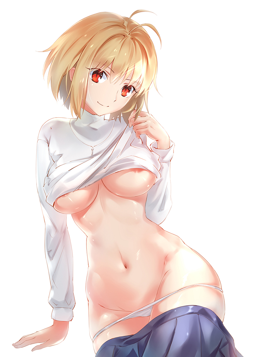ahoge, arcueid brunestud, areola slip, big breasts, blonde hair, breasts, female, female only, long sleeves, looking at viewer, panties, panties down, pleated skirt, red eyes, shirt lift, short hair, skirt down, slit pupils, smile, solo, sweater, sweater lift, thin waist, tsukihime, turtleneck, turtleneck sweater, type-moon, underboob, white panties, wide hips