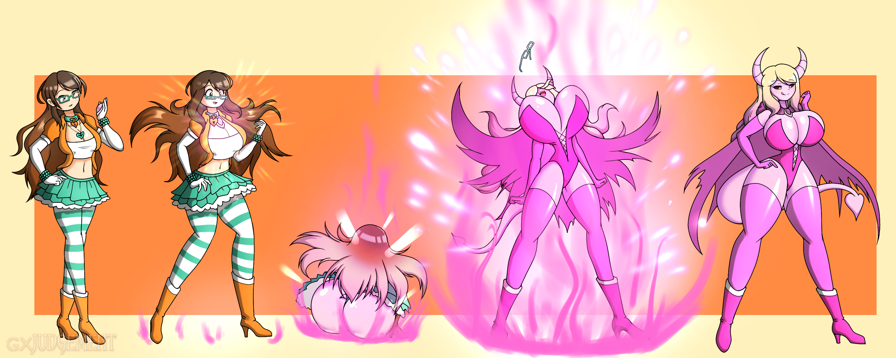 ass, ass expansion, assimilation, bimbo, bimbofication, brainwashing, breast expansion, breast growth, breast growth (enlargement), breasts, corruption, demon, demon girl, demon horns, demon tail, eye color change, female, gigi saka (ebagigi), hair color change, hair growth, heart-shaped pupils, high heels, huge ass, huge breasts, identity death, leotard, original character, pink skin, possession, sequence, skin color change, species transformation, succubus, thegxjudgement, thick thighs, thigh expansion, transformation, transformation sequence, wide hips