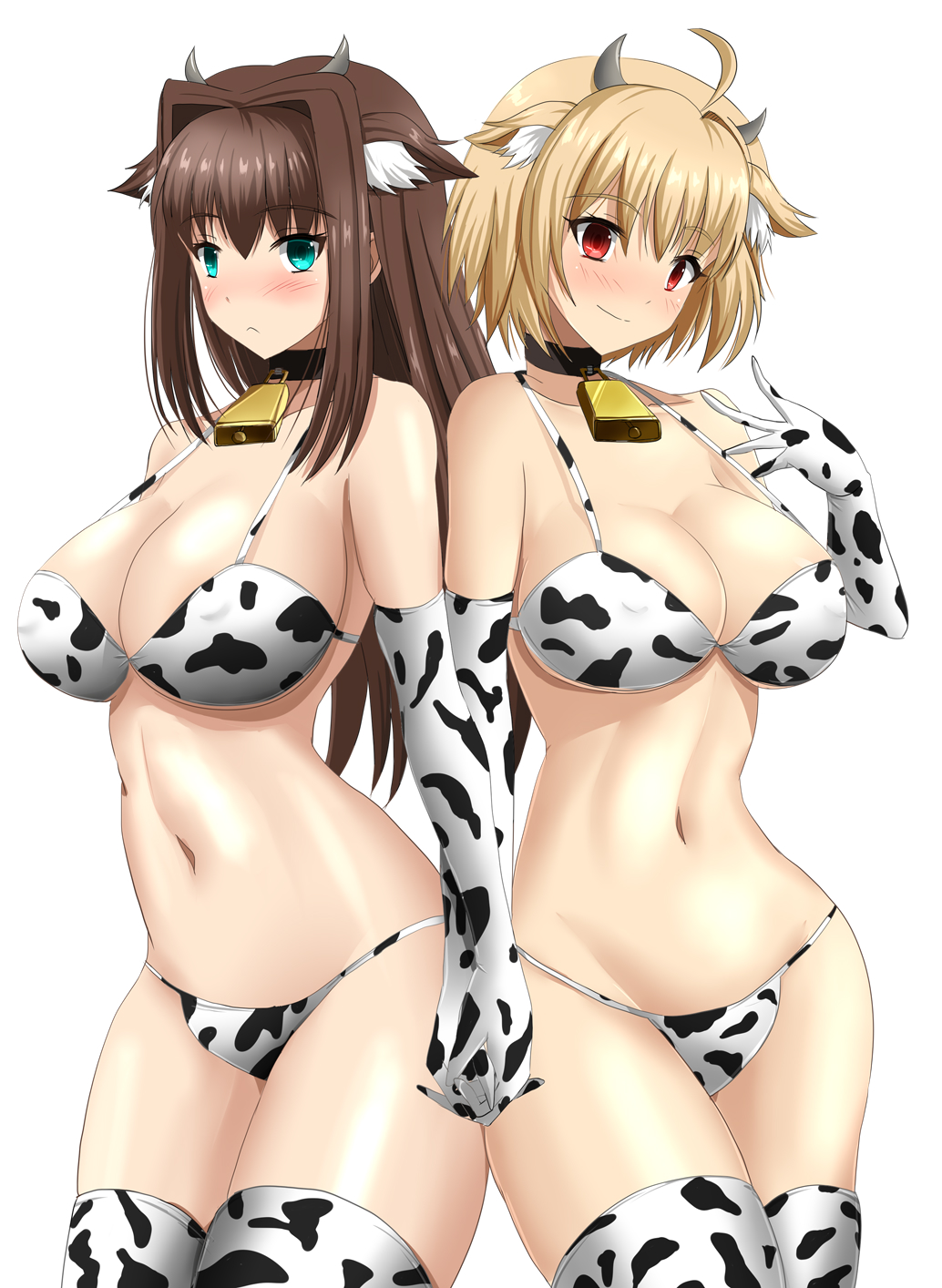 2girls ahoge aozaki_aoko aqua_eyes arcueid_brunestud big_breasts bikini blonde_hair blue_eyes blush brown_hair cleavage collar cow_bikini cow_ears cow_girl cow_horns cow_print cow_print_armwear cow_print_thighhighs cowbell elbow_gloves female female_only frown gloves hand_holding inner_ear_fluff long_hair looking_at_viewer mahou_tsukai_no_yoru red_eyes short_hair smile thighhighs tsukihime type-moon yuuk33