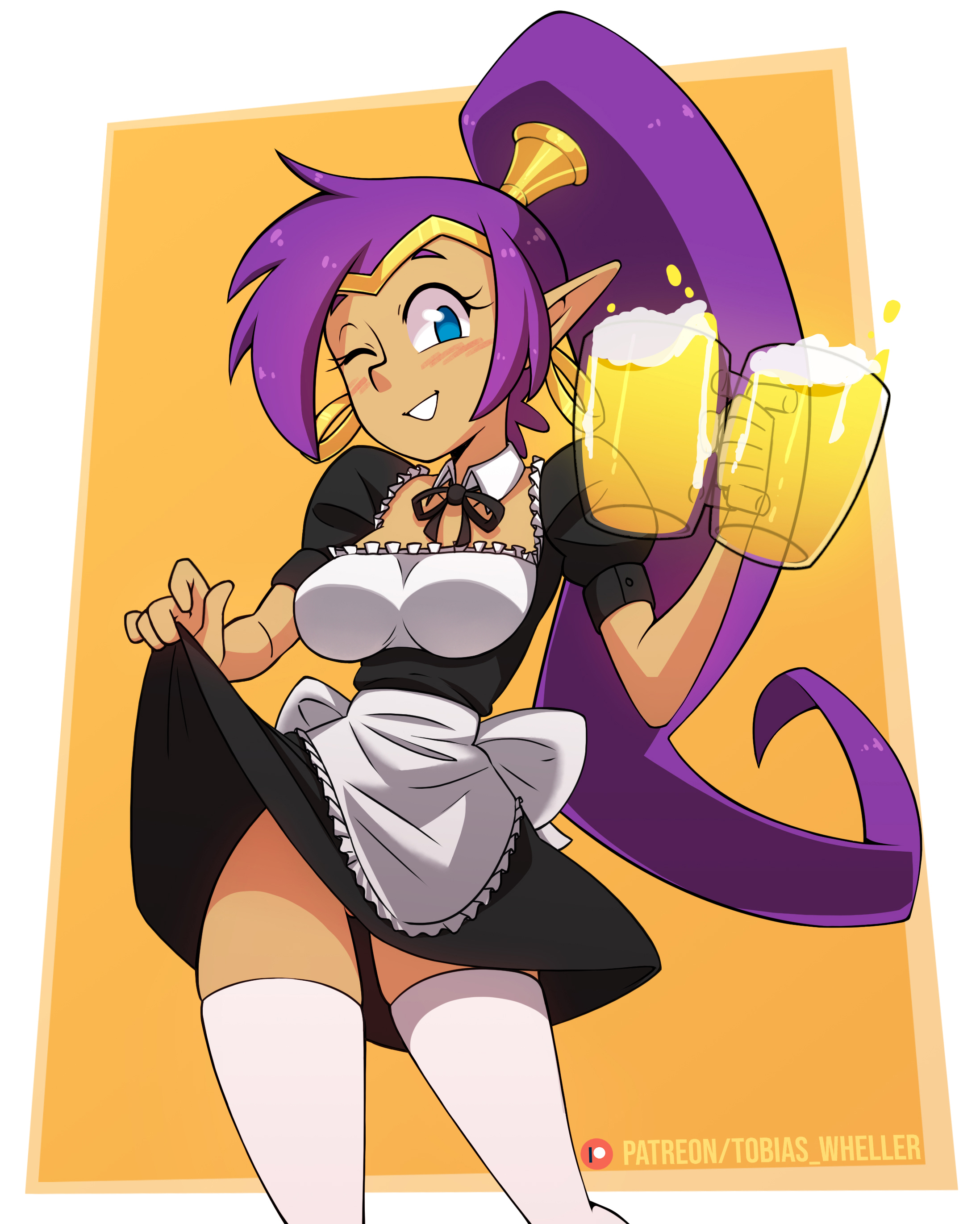 1girls, 2d, blue eyes, breasts, clothed, clothing, female, female focus, female only, highres, holding drink, holding mug, holding object, lifting clothing, lifting skirt, long hair, long ponytail, looking at viewer, maid outfit, maid uniform, one eye closed, patreon url, ponytail, purple hair, shantae, shantae (character), smile, smiling at viewer, smooth skin, solo, solo female, stockings, tagme, thighs, tobias wheller, wayforward, white stockings, winking, winking at viewer