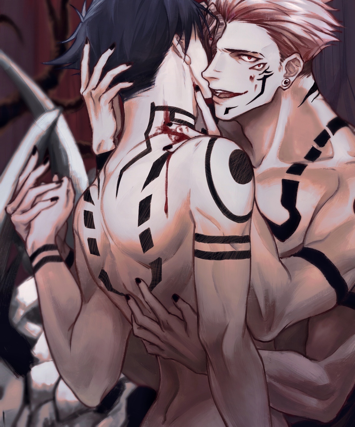 2boys, 4 arms, 821310206, bite, blood, corruption, fushiguro megumi, gay, jujutsu kaisen, looking at viewer, male, male only, male/male, multi arm, multi limb, muscular, muscular male, nude, nude male, painted nails, ryoumen sukuna (jujutsu kaisen), smirk, tattoo, toned, toned male, yaoi