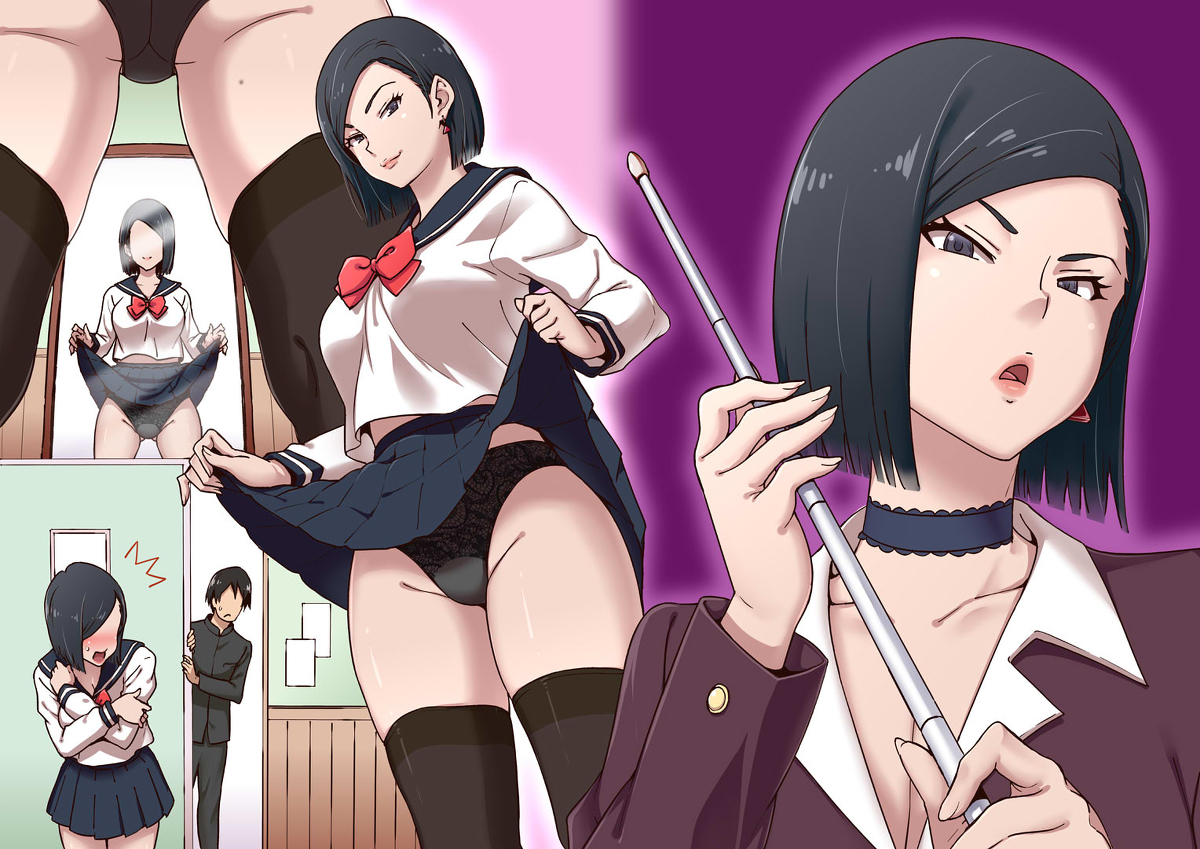 before and after, black hair, black panties, blush, caught, choker, classroom, cosplay, costume switch, dark eyes, dressed young, earrings, embarrassed, female, female only, lace-trimmed panties, lifting skirt, mature female, mirror, pupa torajiro, sailor uniform, school, school uniform, schoolgirl uniform, teacher, thighhighs