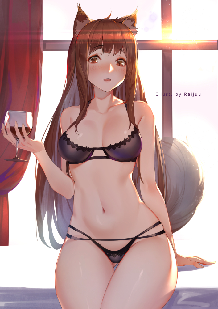 1girls 2d alcohol animal_ears black_bra black_panties blush bra brown_hair female female_only holo kemonomimi lace-trimmed_bra light-skinned_female light_skin long_hair looking_at_viewer medium_breasts pale-skinned_female pale_skin panties raijuu_(bakanara) red_eyes slit_pupils solo spice_and_wolf tail thick_thighs thigh_gap wide_hips window wine wine_glass wolf_ears wolf_girl wolf_tail