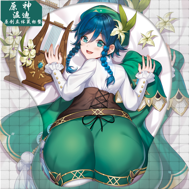 ass, ass up, big ass, blue eyes, blue hair, blush, braid, bubble ass, bubble butt, corset, femboy, from behind, genshin impact, looking at viewer, male, male only, mousepad, presenting ass, shorts, smile, trap, venti (genshin impact)