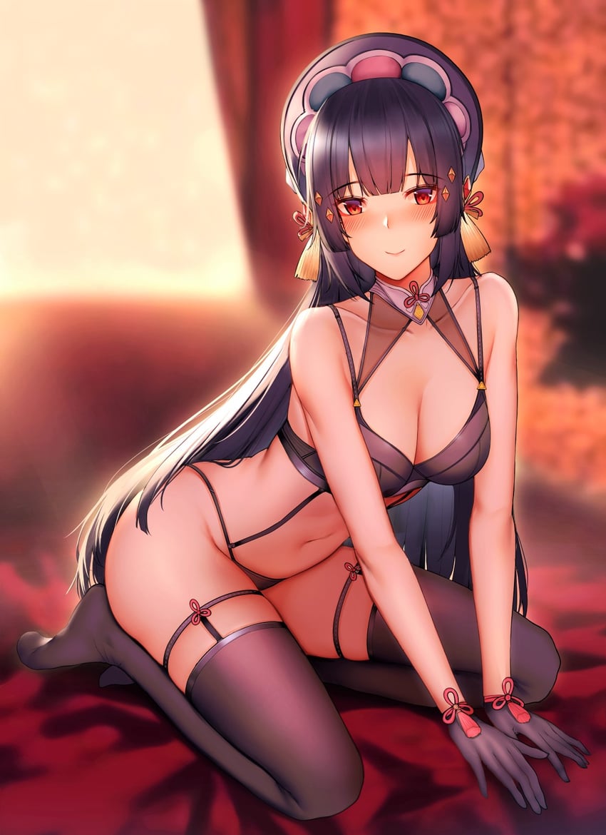 1girls, blush, breasts, female, genshin impact, gloves, kneeling, lingerie, looking at viewer, medium breasts, panties, purple hair, stockings, thigh strap, thighhighs, thong, underwear, underwear only, yun jin (genshin impact)