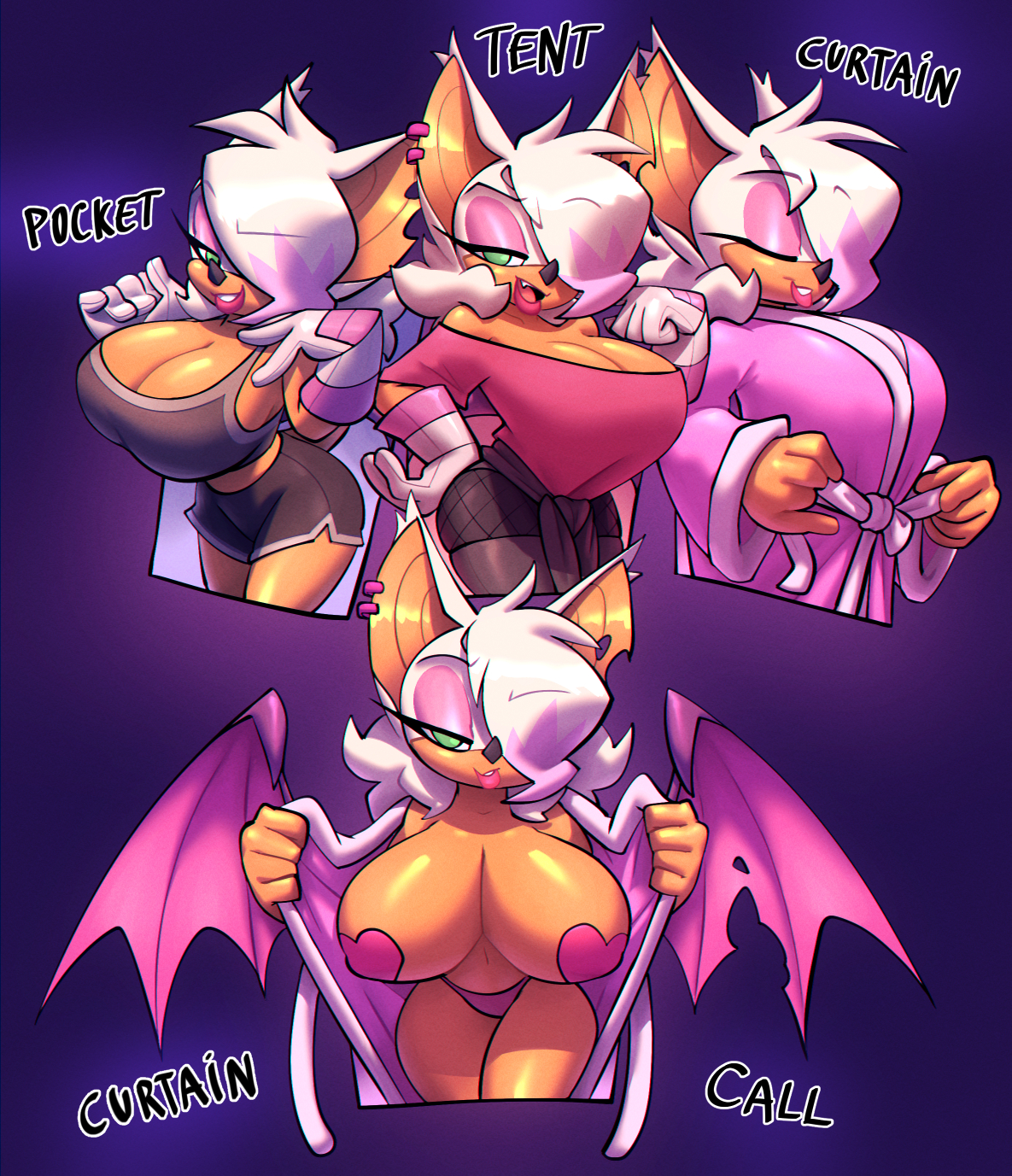 1girls, 2022, anthro, ass, bat, bathrobe, belly button, big breasts, bigdad, bottomwear, breasts, busty, caption, cleavage, clothed, clothed female, clothes, clothing, curtain call challenge, curvaceous, curvy, curvy body, curvy female, curvy figure, dyed hair, ear piercing, earrings, english text, eyes closed, eyeshadow, feet out of frame, female, flashing, flashing breasts, front view, fully clothed, gloves, green eyes, hair over one eye, half-closed eyes, handwear, highlights (coloring), hourglass figure, huge breasts, large breasts, legs, legs together, lipstick, looking at viewer, makeup, medium hair, meme, midriff, mouth open, multicolored hair, navel, one eye covered, one eye obstructed, open clothes, open mouth, panties, partially clothed, pasties, piercing, pink eyeshadow, pink hair, pink highlights, pink lipstick, pink panties, pink pasties, plain background, pose, posing, presenting, presenting breasts, purple background, robe, rouge the bat, seductive, seductive eyes, seductive look, seductive smile, shorts, simple background, smile, smiling, smiling at viewer, solo, sonic (series), sonic the hedgehog (series), standing, stomach, tail, tan body, tank top, text, thick thighs, thighs, topwear, underwear, voluptuous, white hair, wide hips, wings