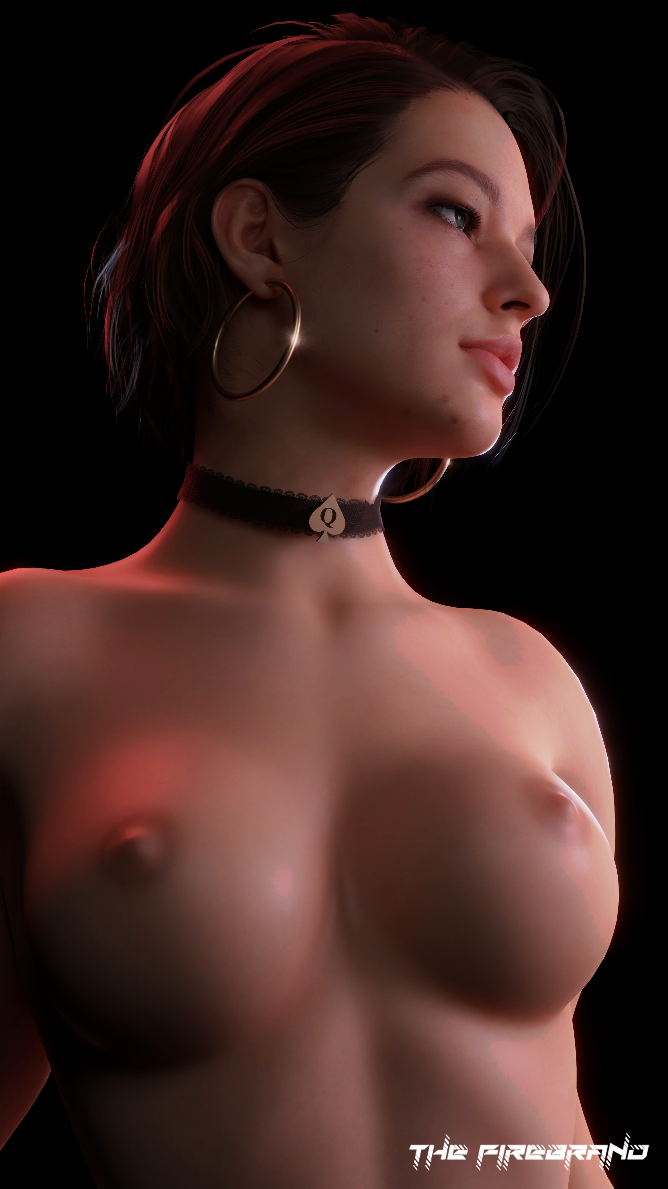 1girls, 3d, breasts, brown hair, capcom, choker, earrings, female, green eyes, hoop earrings, jill valentine, jill valentine (sasha zotova), light skin, light-skinned female, nipples, nude, pale skin, pale-skinned female, qos, qos clothing, queen of spades, resident evil, resident evil 3, resident evil 3 remake, solo, spade choker, the firebrand