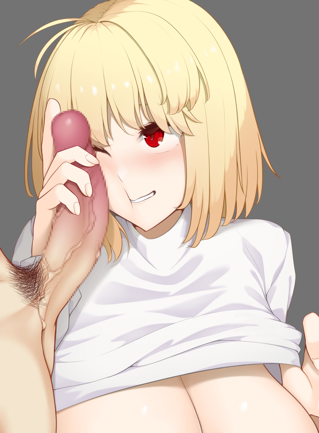 1boy, 1girls, ahoge, arcueid brunestud, big breasts, blonde hair, blush, breasts, breasts out, censored, cleavage, cock worship, erection, facejob, faceless male, female, female focus, gask (architect 2d), holding penis, male, male pubic hair, mosaic censoring, one eye closed, penis, penis awe, penis on face, pubic hair, red eyes, shirt lift, short hair, smile, sweater lift, tohno shiki, tsukihime, turtleneck, turtleneck sweater, type-moon, veiny penis
