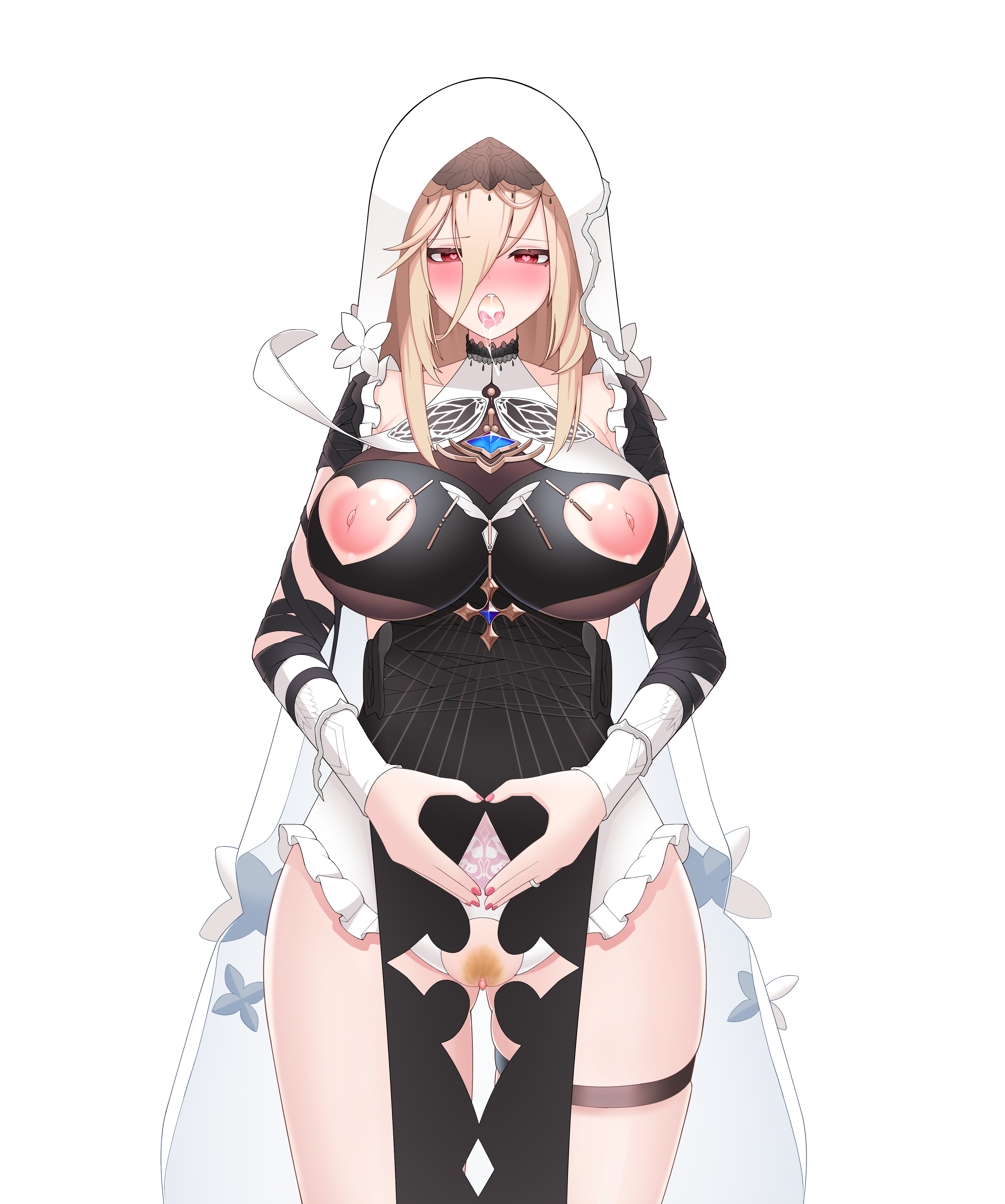 1girls, aponia, bails, drooling, female, female only, honkai (series), honkai impact 3rd, nun, pubic hair, pubic tattoo, solo