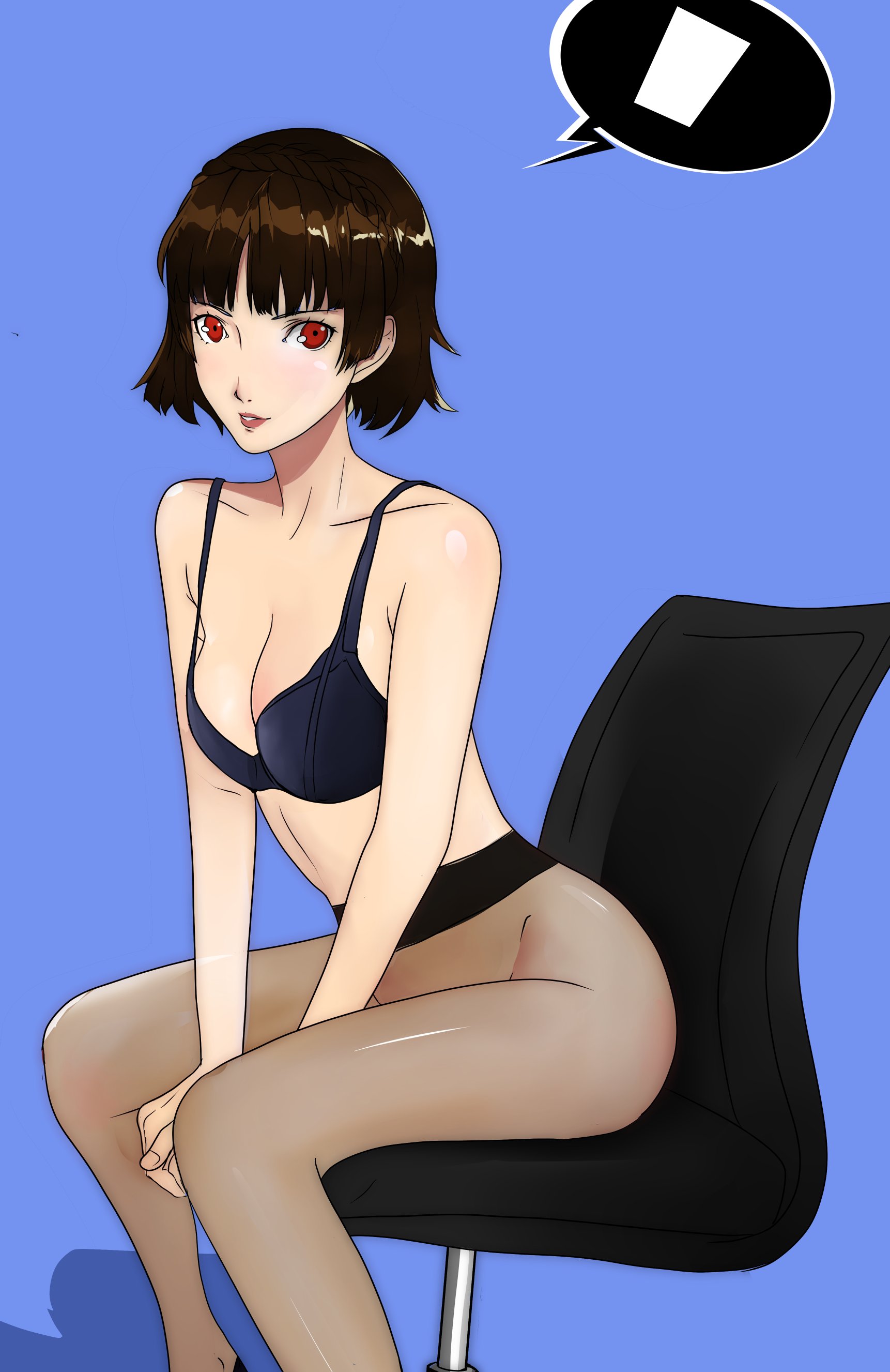 1girls, atlus, bra, brown hair, cypher ink, female, makoto niijima, persona, persona 5, red eyes, short hair, solo, underwear
