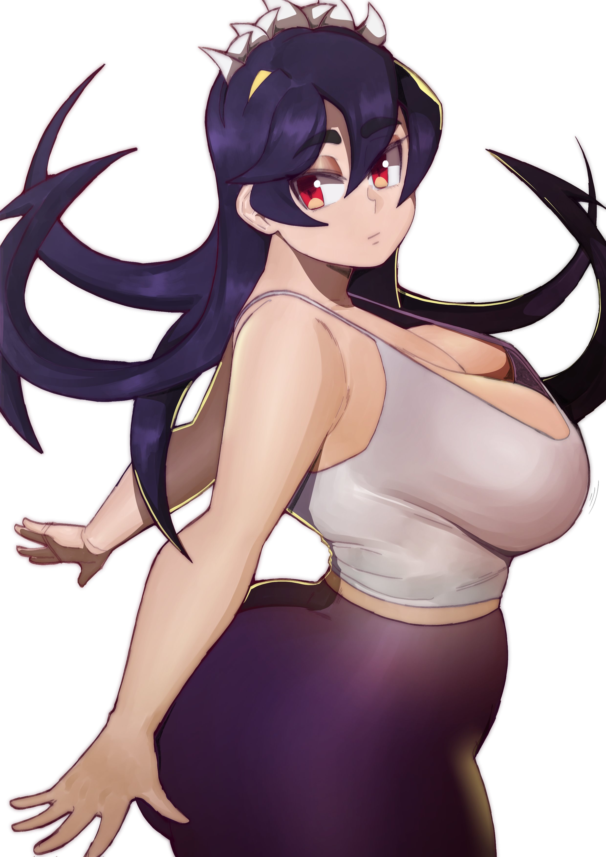 1girls, arms spread, ass, big ass, big breasts, big butt, breasts, cleavage, curvy, doublehero, female, female only, filia (skullgirls), large breasts, pants, red eyes, samson (skullgirls), shirt, skullgirls, solo, tank top, thick thighs, voluptuous, yoga pants