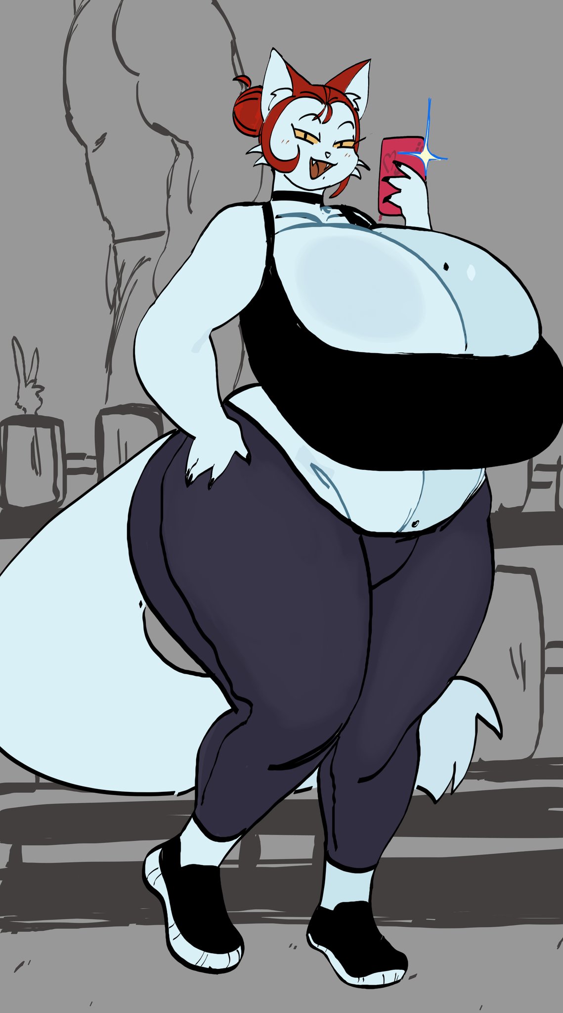 anthro big_ass big_breasts blue_fur chubby feline furry gym hair_bun huge_ass huge_breasts large_ass large_breasts mooncheez3 red_hair roxy_(mooncheez3) selfie sports_bra thick_thighs