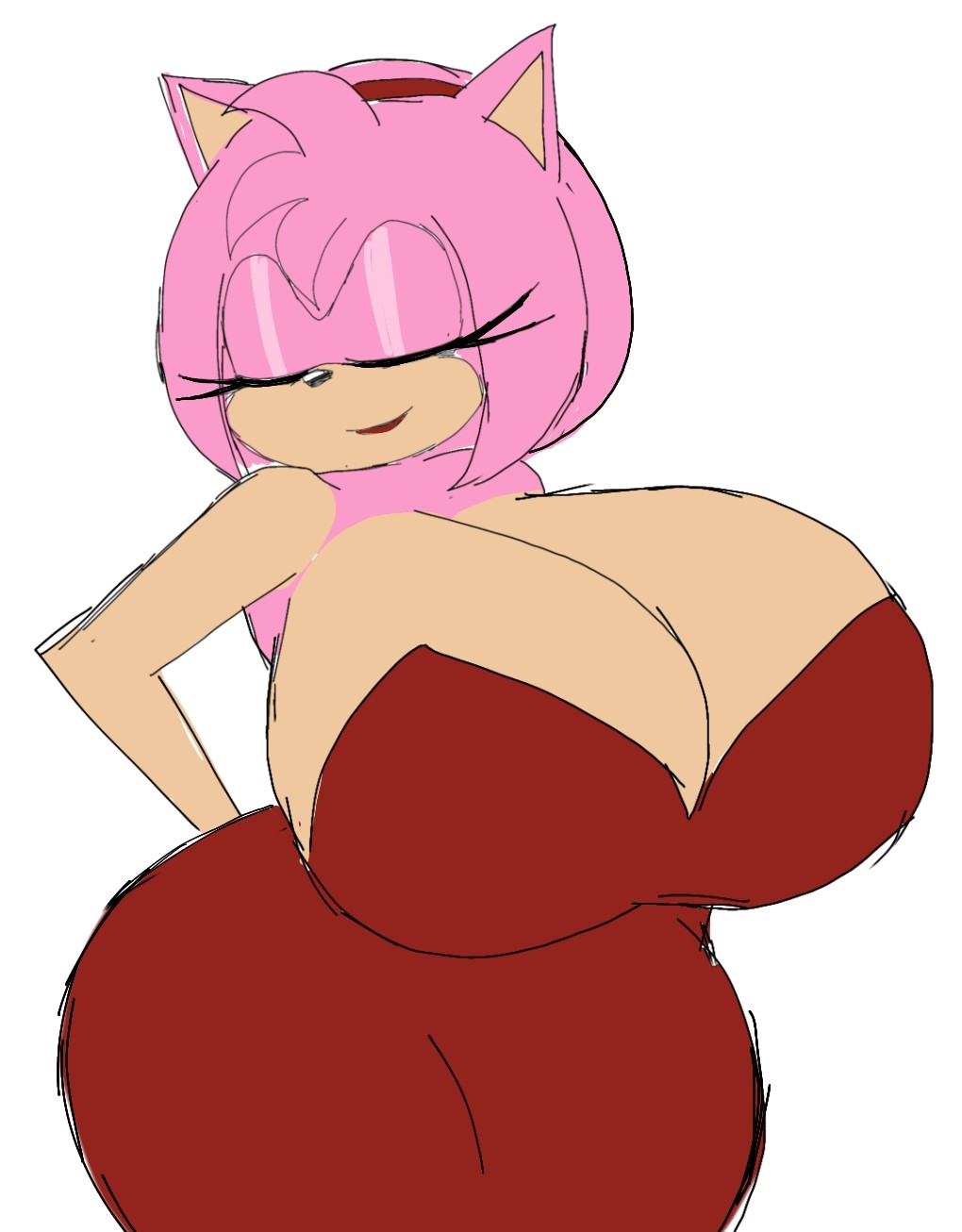 amy rose, ass, big ass, big breasts, boob window, breasts, casual, casual nudity, clothed, dress, female, female only, huge ass, huge breasts, momiji (artist), no bra, sega, sideboob, sonic (series), sonic the hedgehog (series), teasing
