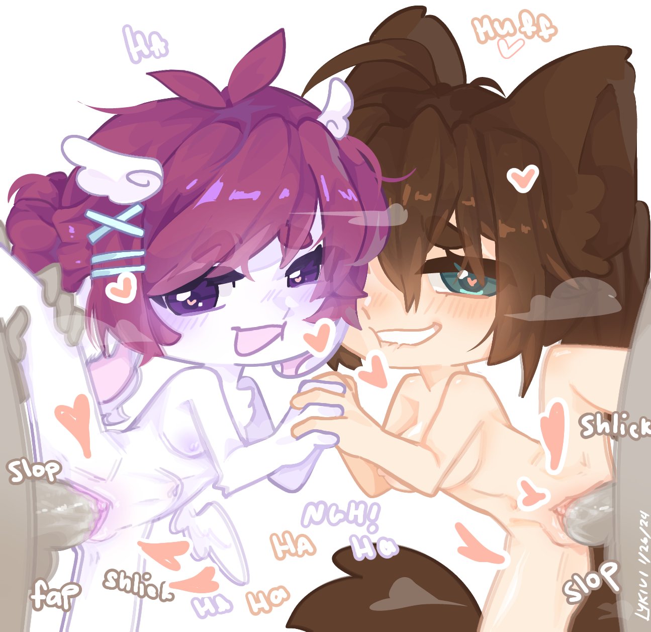 2boys 2girls blue_eyes bodily_fluids brown_hair chibi foursome gacha gacha_club gacha_heat gacha_life gacha_life_2 gacha_resort heart_in_eye holding_hands lykivi onomatopoeia penetration penile penile_penetration penis penis_in_pussy purple_hair pussy sex vagina vaginal vaginal_penetration vaginal_sex vesztegi violet_eyes white_background white_body white_skin wolf_ears wolf_girl