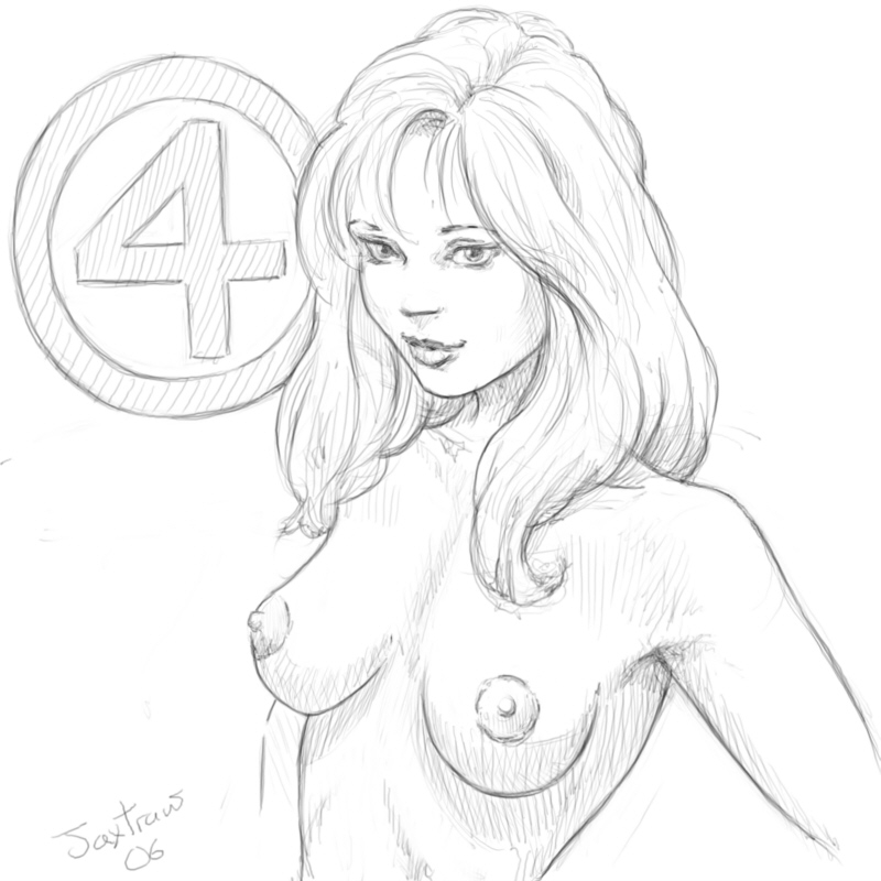 breasts fantastic_four female female_only human invisible_woman jaxtraw light_hair light_skin marvel medium_hair monochrome nude realistic solo sue_storm white_background