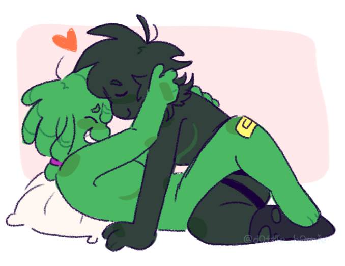 2boys anthro black_fur black_socks closed_eyes club_penguin d0ttie_h0rnie_(artist) floating_heart furry gay gay_sex green_blush green_fur happy_sex heart hugging locks orange_blush pegging pillow puffle ripped_stockings romantic smiling strap-on top_surgery_scars wholesome