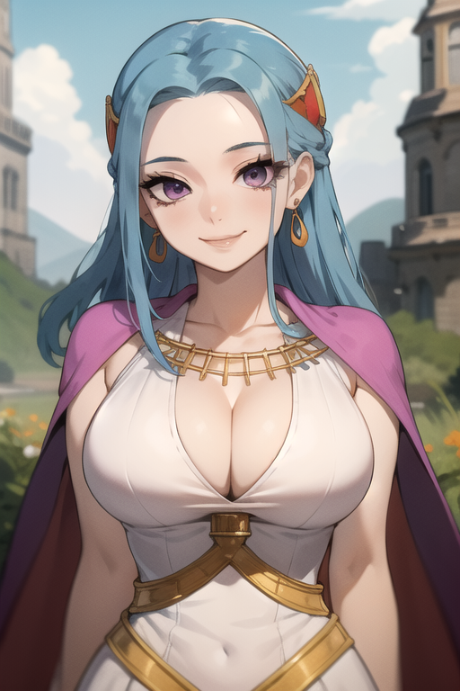 1girls ai_generated blue_hair breasts daidouji_(artist) dress female female_only forehead jewerly long_hair nefertari_vivi one_piece purple_eyes sideboob solo solo_female solo_focus