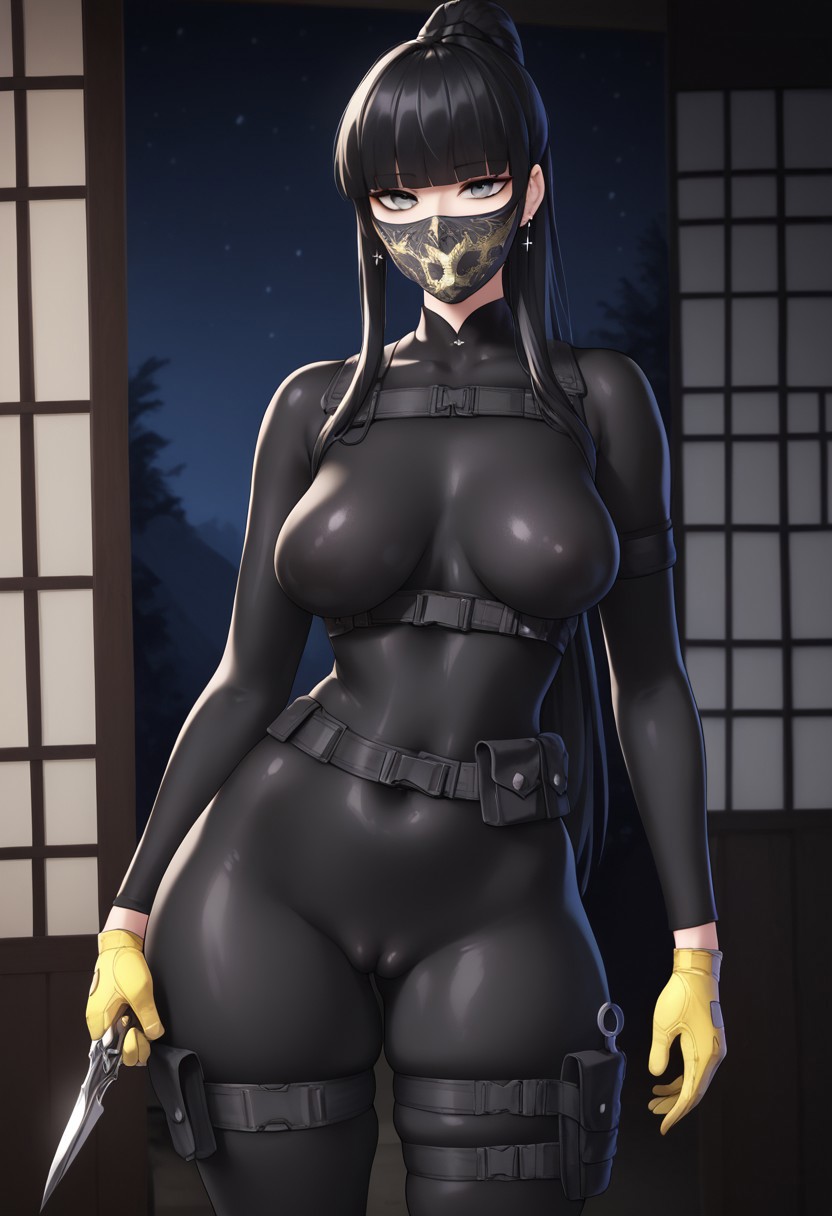 ai_generated azami_(rainbow_six) black_hair bodysuit cameltoe japanese mask rainbow_six_siege skin_tight tactical_nudity