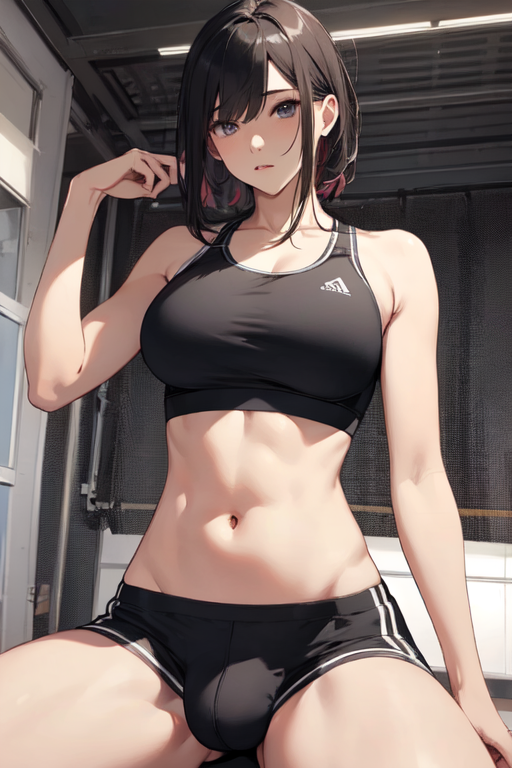 adidas adidas_logo ai_generated bare_midriff black_bra black_clothing black_shorts breasts brown_hair bulge bulge_through_clothing futa_only futanari indoors navel original original_character partially_clothed pixai raised_arm sitting solo solo_futa sports_bra sports_shorts sportswear tied_hair