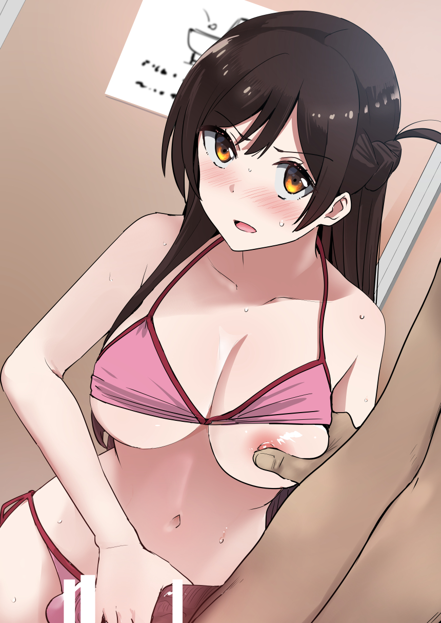 areola big_breasts bikini brown_hair cheating cheating_female cheating_girlfriend grabbing_another's_breast grabbing_breasts grabbing_penis h2o_(ddks2923) handjob kanojo_okarishimasu large_penis mizuhara_chizuru netorare nipple_play nipples ntr public_restroom stroking_penis swimsuit