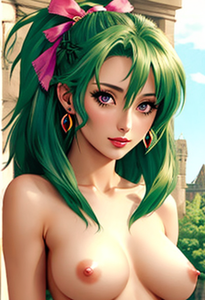 1girls ai_generated blue_eyes earrings final_fantasy final_fantasy_vi green_hair hair_ribbon looking_at_viewer naked naked_female nude nude_female pink_ribbon portrait ribbon square_enix terra_branford