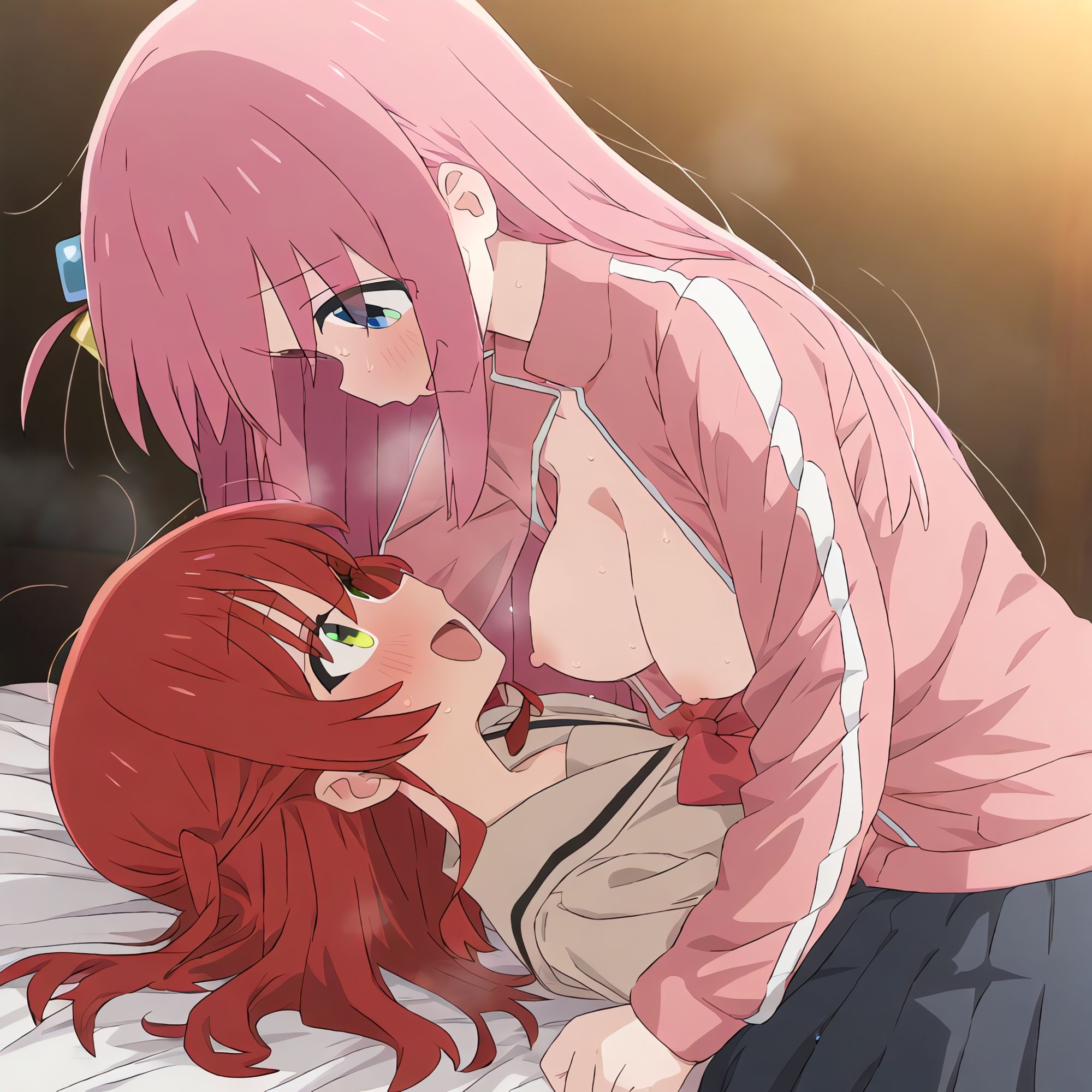2girls, ai generated, blue eyes, bocchi the rock!, breasts, breasts out, breasts out of clothes, female, female only, gotou hitori, green eyes, kita ikuyo, no panties, pink hair, red hair, yamaimo510, yuri