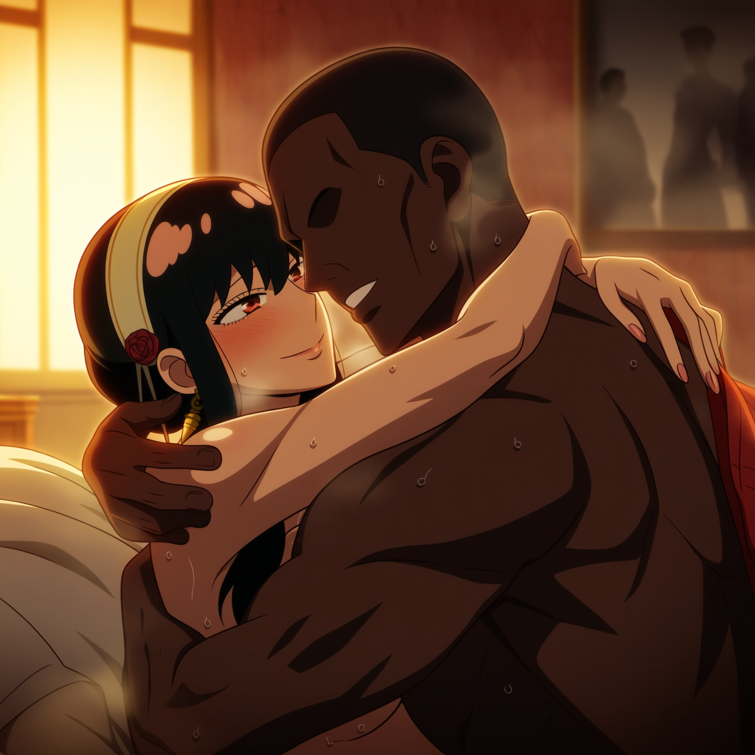 1boy, 1girls, ai generated, blush, cheating wife, dark skin, dark-skinned male, faceless male, female, happy, human, imminent sex, interracial, larger male, looking at another, looking pleasured, male, muscular, muscular male, netorare, nude, nude female, nude male, smile, spy x family, straight, yor briar, yor forger