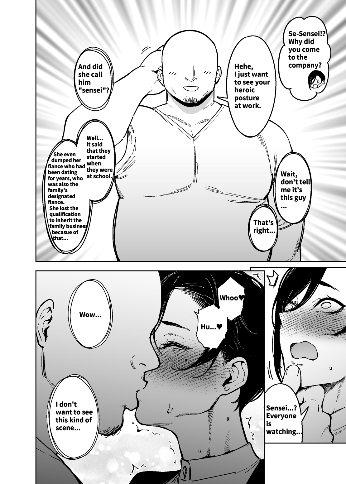 1boy, 1girls, black and white, blush, blushing, english, english text, fan (f.w.zholic), female, kazumine kotoka, kissing, male, mole, mole under eye, old male, original, original character, short hair, teacher, text, tomboy