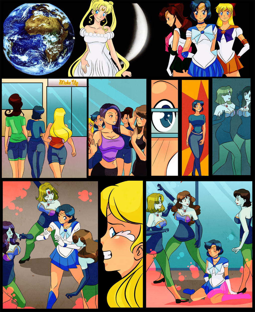 ami_mizuno atsugessho bishoujo_senshi_sailor_moon clothing comic comic_page defeated_heroine demon demon_girl dress female female_only large_breasts lufidelis makoto_kino medium_breasts minako_aino monster_girl multiple_girls princess_serenity sailor_jupiter sailor_mercury sailor_venus shorts skirt tagme usagi_tsukino