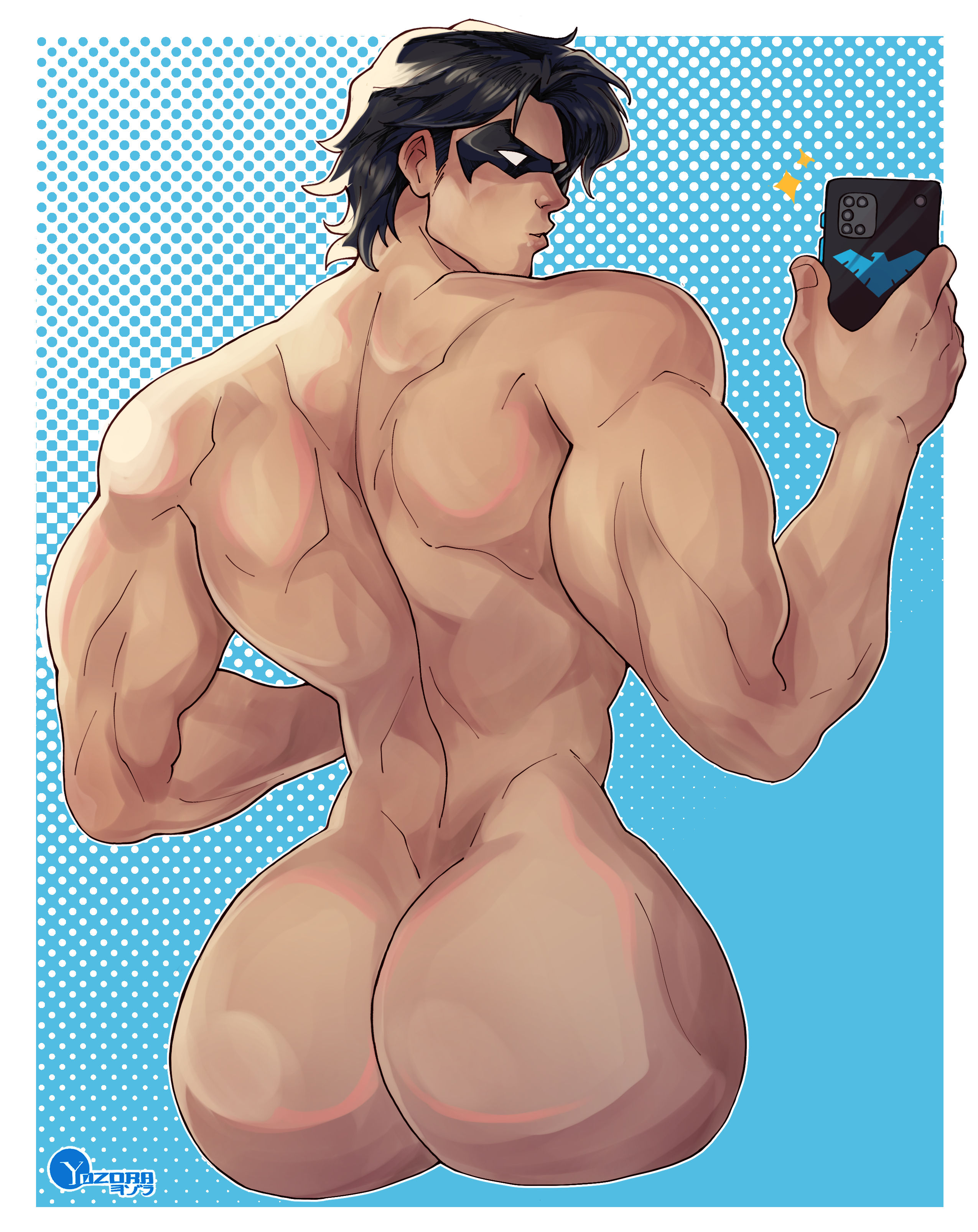 ass, batman (series), big ass, big butt, bubble ass, bubble butt, dc, dc comics, dick grayson, gay, harley quinn (series), looking pleasured, male, mask, muscles, muscular, muscular male, nightwing, selfie, yozorac1