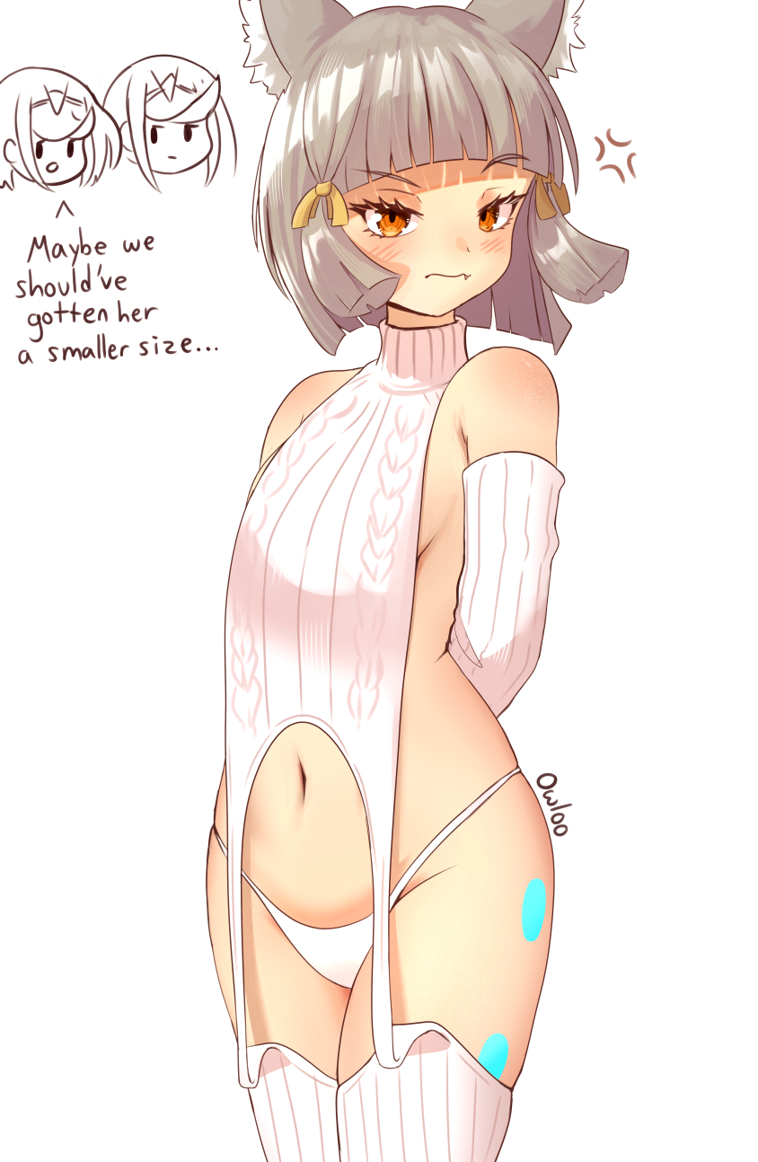 3girls, amber eyes, anger vein, annoyed, blush, breasts, cat ears, cat girl, catgirl, english text, female, female only, grey hair, looking at viewer, mythra, navel, nia, nia (xenoblade), owloo art, panties, pear shaped, pear-shaped figure, pyra, short hair, simple background, small breasts, standing, tagme, text, virgin destroyer sweater, white background, white panties, xenoblade (series), xenoblade chronicles 2